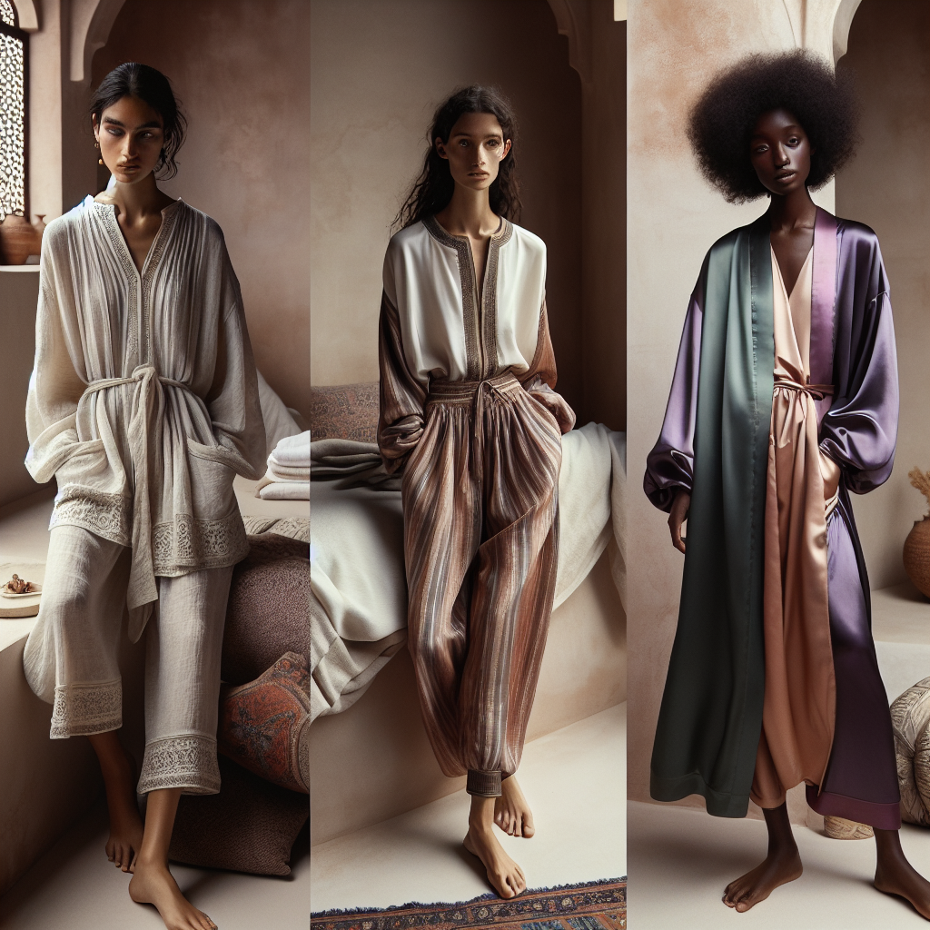 Imagine the inner sanctum of a luxury spa. The air is filled with tranquil calming scents and soft music. To match this elegant setting, visualize a few chic and effortless outfits perfect for relaxation. One, a loose linen tunic on a Middle-Eastern woman, designed in soft pastel shades, that exemplifies a relaxed yet stylish mood. Two, a Caucasian man wearing lightweight, cotton loungewear in earthy tones, embodying the essence of tranquillity. Three, a Black woman wearing a silky satin robe in jewel tones, reflecting laid-back luxury. Each style should evoke calm, comfort, and casual sophistication.