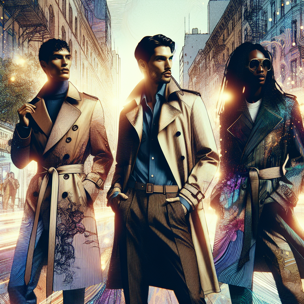 Imagine a dynamic street fashion scene showcasing three individuals of diverse descents like Caucasian, Middle-Eastern, and South Asian. They each are wearing different styles of trench coats - a classic double-breasted one, a modern deconstructed version, and a bold printed design. The artful shimmer of the fabric speaks to the magical, transformative power of fashion. High-quality tailoring is evident, with details such as lapels, belts, and buttons carefully depicted. The backdrop is a bustling city street lit by the soft glow of a setting sun, adding an artistic touch to the scene. Make the scene vibrant and chic, focusing on the individual styles of the trench coats to encapsively portray 'Trench Coat Magic'.