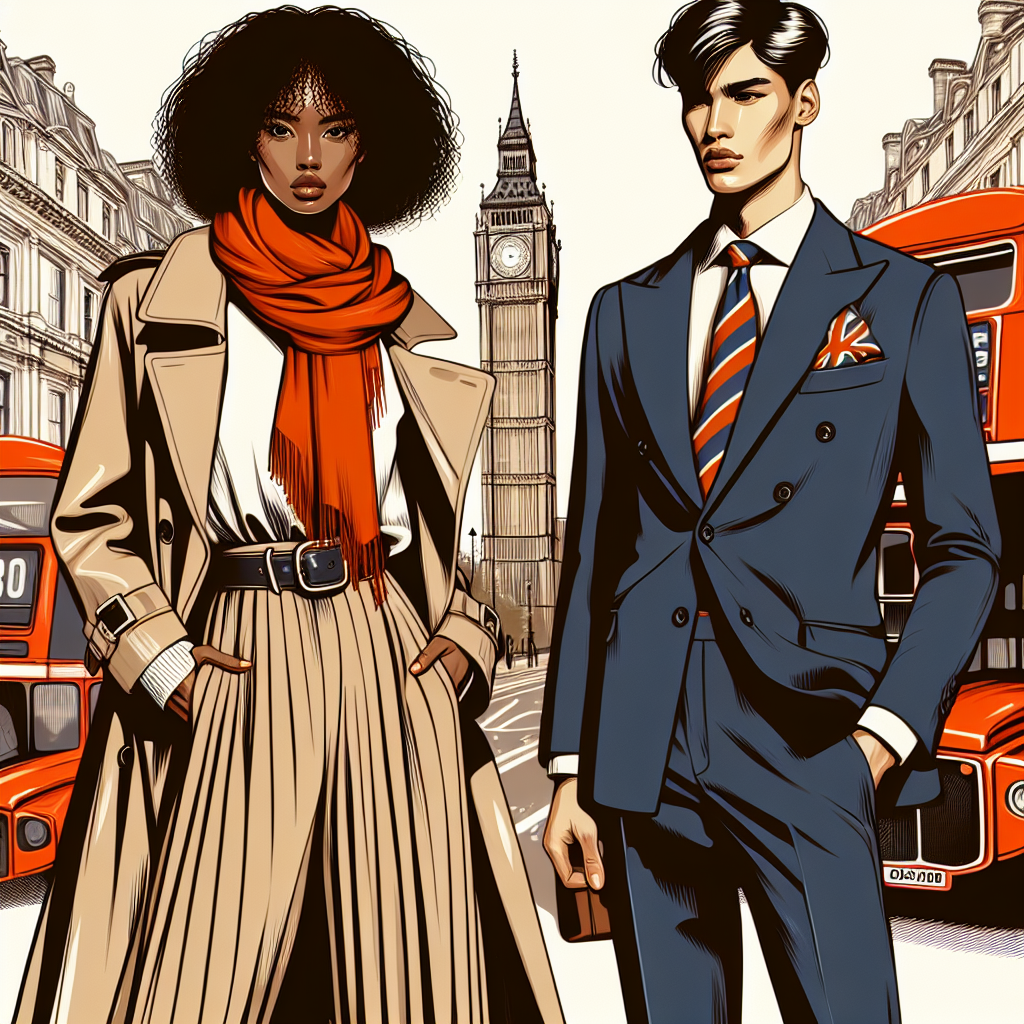 Design an image that represents essential fashion styles for London shows, with a focus on effortless and chic aesthetics. The image should contain two fashionable people: a Black woman wearing a trendy beige trench coat, high-waisted pleated trousers, and a vibrant orange scarf, and a South Asian man clad in a well-fitted, crisp navy suit paired with a loose striped tie. They stand against a backdrop of recognizable London scenery such as a stylish red double-decker bus or an iconic telephone booth.