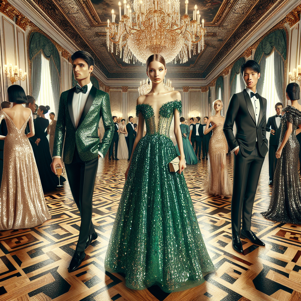 Exclusive Gala Styles: Effortless Elegance Unveiled Picture a grand, luxurious ballroom filled with individuals showcasing a variety of gala styles. Illustrate a middle-eastern woman dressed in a emerald green, floor-length gown studded with glittering sequins, exuding a sense of effortless elegance. Next to her, an Asian man is looking dapper in a sleek black tuxedo with a bow tie. Include finely detailed chandeliers throwing a warm, golden light on the attendees and an intricate parquet floor reflecting their images. This is a scene of high fashion, sophistication, and ethereal beauty.