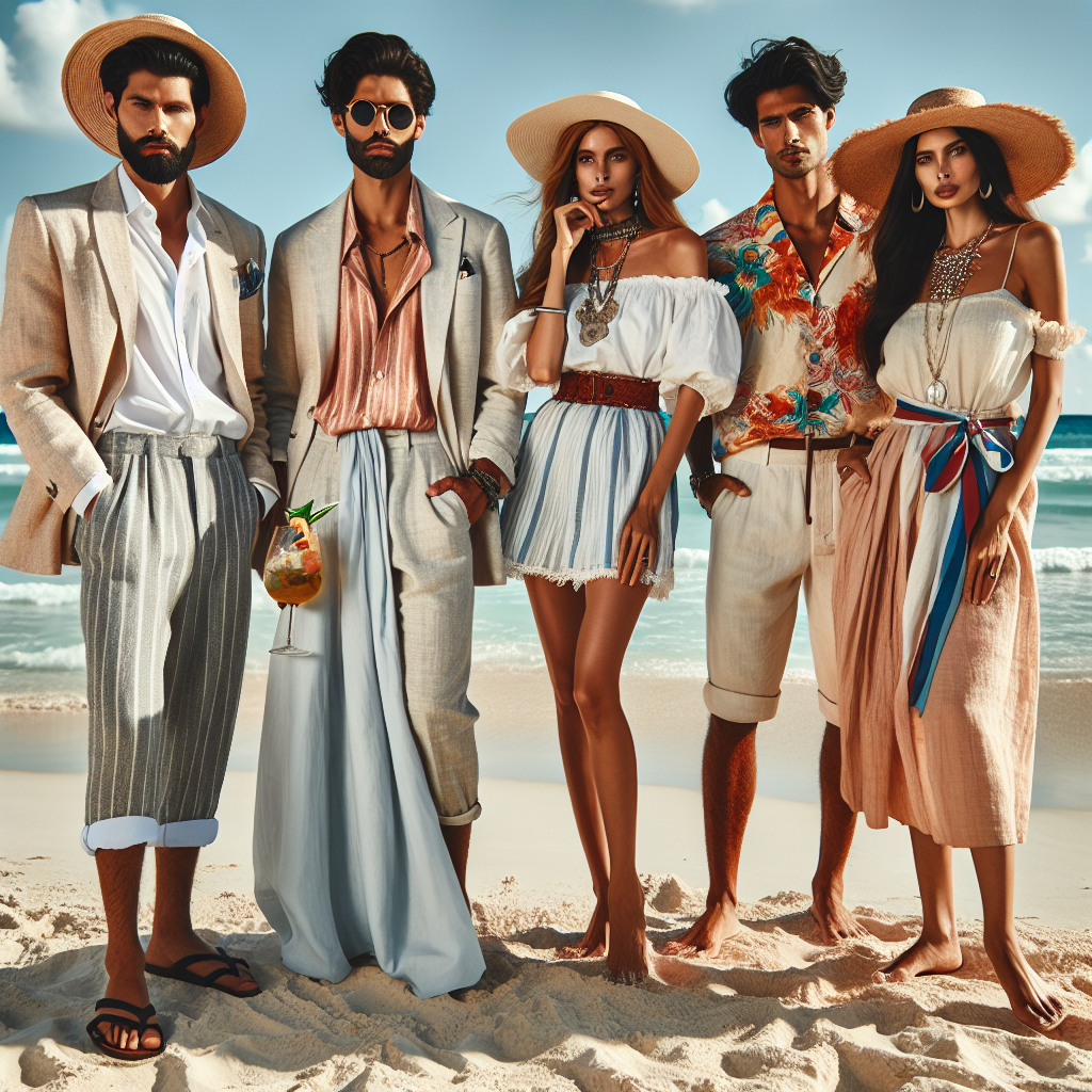 A stylish and diverse group of people at a beach graduation party, dressed in various fabulous outfits. The group consists of a Middle-Eastern man clad in a light linen suit with sandals, a Hispanic woman in a breezy maxi dress and wide-brimmed sunhat, a South Asian man sporting a colourful Hawaiian shirt and shorts, and a Caucasian woman elegantly dressed in a cotton sundress paired with a statement necklace. There's a touch of a festive atmosphere, with ocean waves gently playing in the background under a sunny sky.