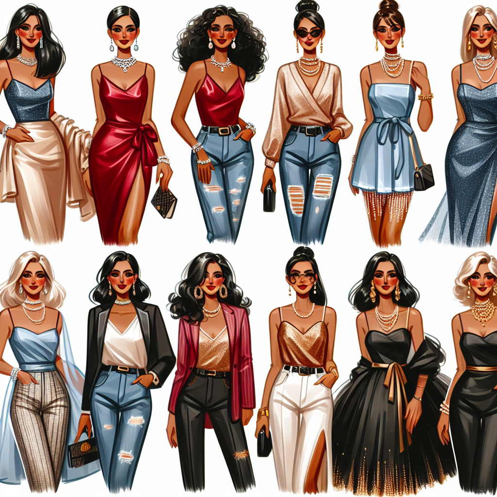Must-Have Outfits for Your 40s Bachelorette Party A collection of diverse party outfits for women in their 40s enjoying a bachelorette party. The collection should include (1) a classy, sophisticated outfit with a silk red dress and diamond accessories for a Caucasian woman, (2) a fun, casual outfit with distressed jeans and a sparkly silver top for a Black woman, (3) an elegant black jumpsuit combined with pearl accessories for a Hispanic woman, and (4) a stunning blue cocktail dress and golden accessories for a South Asian woman. Each woman is radiant and confident, representing a modern, inclusive bachelorette celebration.