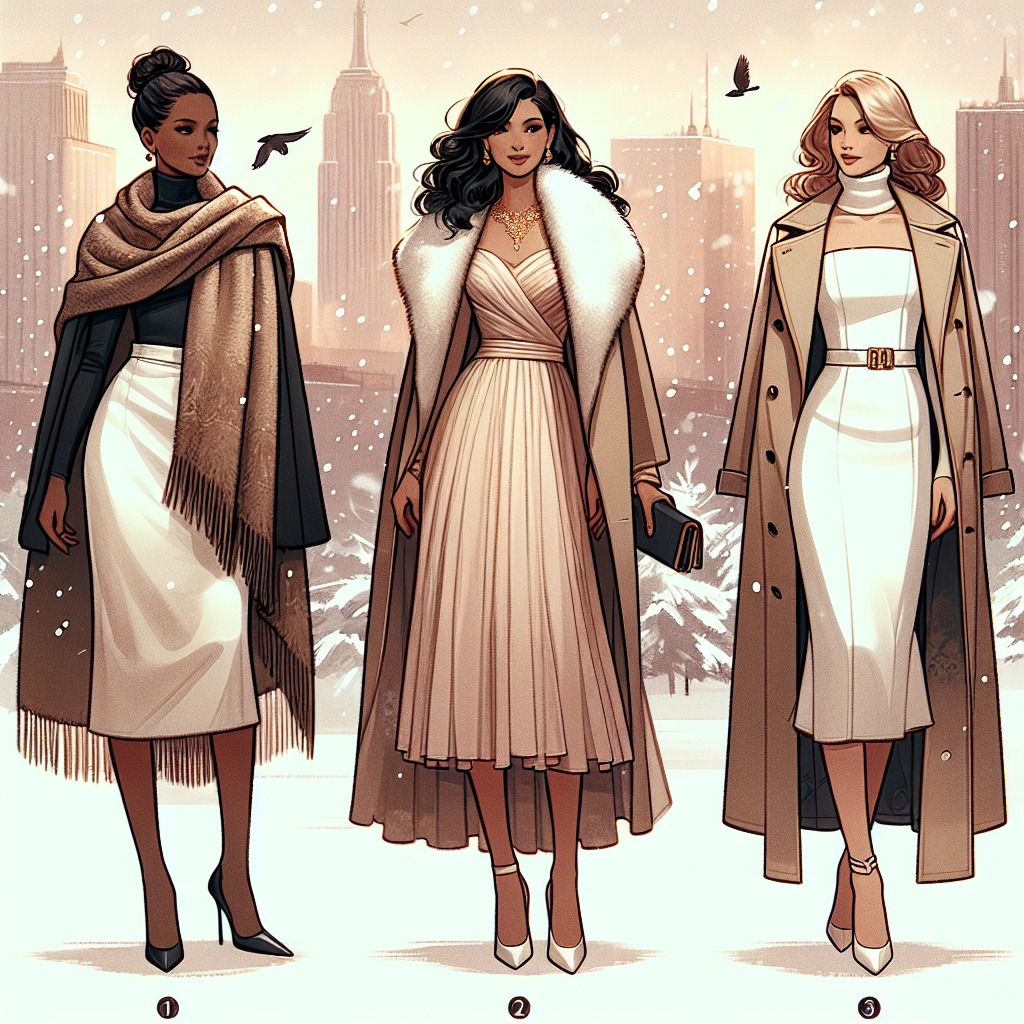 Winter Elegance Unveiled: Best Styles to Layer Over Formal Dresses A style guide demonstrating the art of layering over formal dresses for winter. The scene portrays three women of different descents - Black, Hispanic, and South Asian - each donning a formal dress under a sophisticated layer of winter clothing. The first woman is cloaked in a luxurious woolen shawl, the second accessorized with a chic faux fur wrap, and the third elegantly draped in a tastefully tailored trench coat. The background is set with softly falling snow against the muted colors of a cityscape, creating a serene and elegant winter atmosphere.