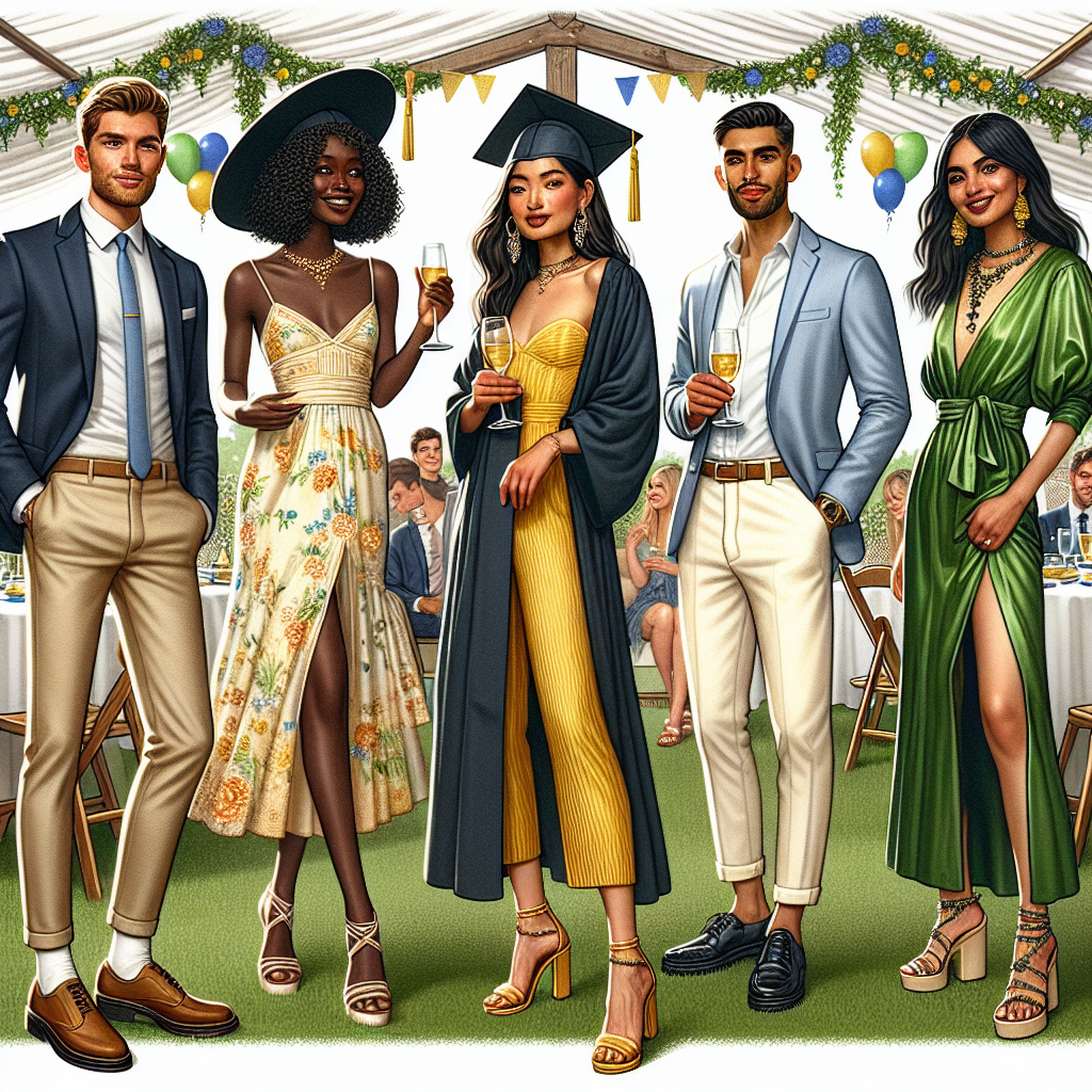 What to Wear to a Grad Party: Stunning Guest Outfits Create a detailed image portraying five individuals attending a graduation party, each adorned in different stylish outfits, exuding joy and celebration. The first person is a Caucasian man dressed in a sleek navy suit with a light blue tie and brown dress shoes. The second individual is a Black woman elegantly clad in a yellow sundress paired with strappy heeled sandals. The third person is a South Asian man in a stylish pastel kurta and cream chinos. The fourth is a Hispanic woman wearing a vibrant floral jumpsuit with platform shoes. Lastly, include a Middle-Eastern woman decked out in a green satin tunic and black skinny jeans. The setting is an outdoor garden canopy with festive decorations.