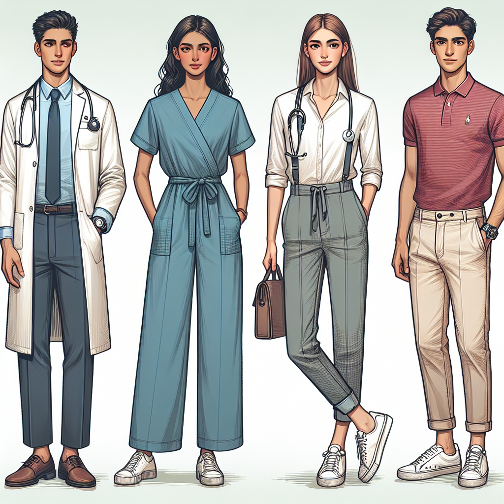Create an image that displays an assortment of casual outfits apt for medical professionals at a fundraising event. Show two females and two males. One of the females should be Hispanic and wearing a smart-casual blouse and trousers. The other female, who is Middle-Eastern, should be seen in a tasteful jumpsuit. The first male should be Caucasian and depicted in a relaxed blazer and jeans combo. The other male, who is South Asian, should be portrayed in a trendy polo shirt and chinos. Their attire should reflect elements of professionalism and comfort while suggesting a laid-back social setting.