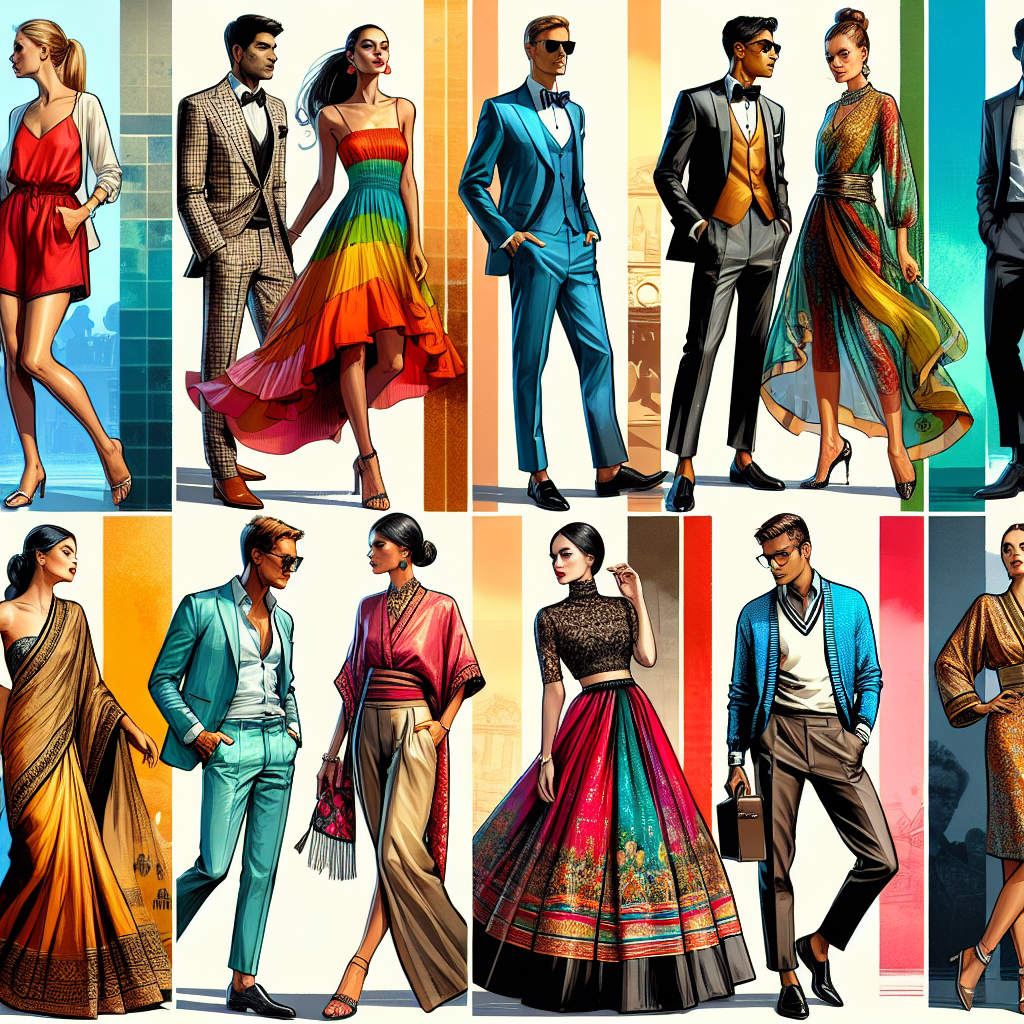 Must-Have Outfits for a Chic Retirement Party A dynamic collage showcasing diverse ensembles appropriate for a chic retirement party. Visualize a luxurious spectrum of attire, such as a refined, colorful sundress worn by a Caucasian woman, a polished, classic suit on a Middle-Eastern man, a graceful, vibrant sari draped on a South Asian woman, a stylishly cut, contemporary tuxedo worn by a black man, a traditional, beautifully embroidered hanbok modeled by a East Asian woman, and a casual, modern polo and slacks combo that a Hispanic man is sporting. Consider different types of accessories, shoes, and color palettes that reflect a relaxed yet chic aesthetic.