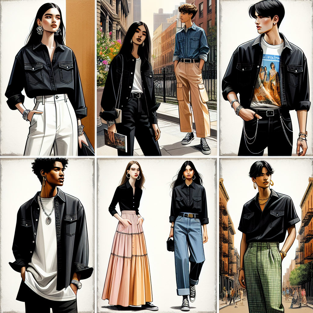 Must-Have Looks with a Black Denim Shirt Imagine a fashion spread displaying must-have looks centered around a black denim shirt. The first image illustrates a Caucasian woman showcasing a semi-casual style, the black denim shirt paired with crisp white trousers and silver jewelry. The next image shows an Asian man in a street-style outfit, the black denim shirt layered over a graphic tee and dark skinny jeans. A Middle-Eastern woman is next, presenting a chic yet comfortable style by pairing the black denim shirt with a long, pastel maxi skirt and gold hoop earrings. The last image features a Hispanic man wearing a black denim shirt with colorful chino shorts, perfect for a summer day. All outfits are accessorized appropriately and the individuals are immersed in diverse urban environments.