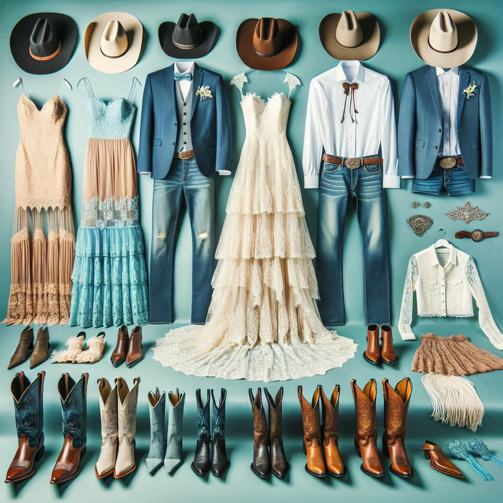 A fashionable visual array of essential clothing for a western-themed wedding. The scene should include a selection of attire for a variety of roles within the wedding party. This could include the bride and groom, bridesmaids, and groomsmen. Display an array of outfits such as an ivory lace dress and matching boots for a Caucasian bride, a formal cowboy outfit with a matching hat for a Black groom, turquoise and brown bridesmaid dresses for Hispanic bridesmaids, and crisp denim suits for Middle-Eastern groomsmen, all adorned with western-themed accessories such as bolo ties, and leather boots.