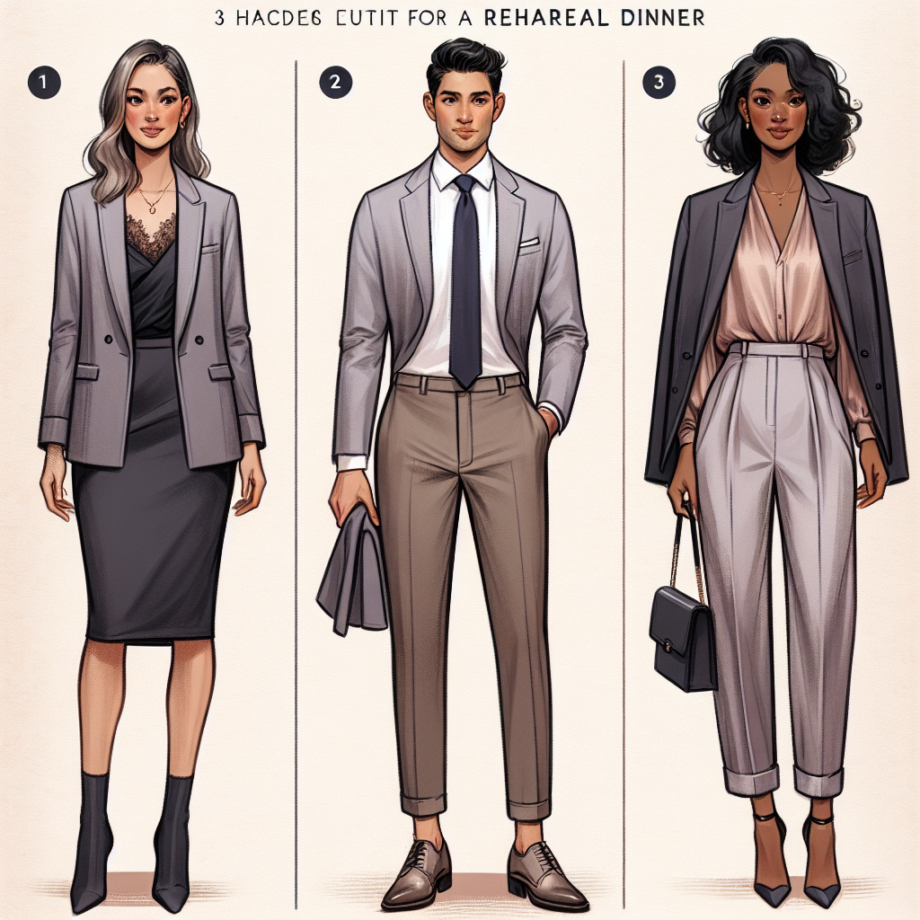 Imagine an article showcasing three must-have outfits ideal for a rehearsal dinner. The common element in each outfit is a stylish grey blazer. Show this versatility with differences in other clothing items, accessories, and colours. In the first outfit, a Caucasian woman adorns the grey blazer with a sleek black dress and heeled boots. The second outfit shows a Hispanic man pairing the blazer with a crisp white shirt, navy blue tie, and khaki trousers. The third outfit depicts a Black woman elegantly coupling the grey blazer with a silken mauve blouse and high-waisted charcoal trousers.
