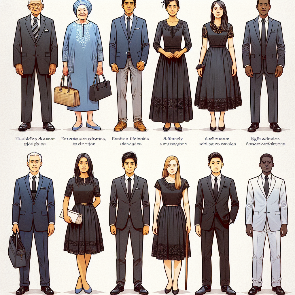 An insightful infographic that illustrates the various considerations for a Jehovah's Witness funeral dress code. Picture seven individuals standing side by side, each exhibiting a different aspect of appropriate attire. The first person, an Elderly Hispanic man, should be wearing a classic, dark suit with a white shirt. Next to him, a young South Asian woman sporting a modest, black dress and a soft-spoken headgear. The third person, a Middle-Eastern male teenager, has chosen a navy blue suit and black shoes. An African woman, next up, presents herself in simple, unadorned black wear with a modest neckline. A youthful, East Asian man dons a crisp, charcoal-grey suit. The sixth, a Caucasian woman of middle-age, is clad in a black and free-flowing outfit with no bright accessories. Lastly, a child of Indigenous descent, dressed in a neat dark suit with a white shirt. All outfits follow the guideline of modesty, simplicity, and respectfulness central to Jehovah's Witness tenets.
