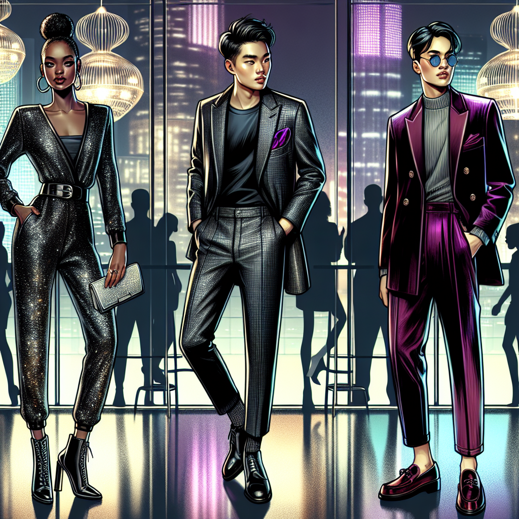 Imagine a bustling scene of a modern city club at night, showcasing three central figures portraying different 'must-have' club night attires for an effortless and chic style. First, depict a Black woman in a sleek, glittery jumpsuit paired with high-heel boots and a silver clutch bag. Secondly, illustrate an Asian man in a stylish, charcoal-colored suit with a magenta silk pocket square. Lastly, show a Middle-Eastern non-binary person confidently wearing a velvet high-waist pantsuit and burgundy loafers. The background is a mix of neon lights reflecting on glass surfaces and trendy, upbeat club-goers enjoying the night.