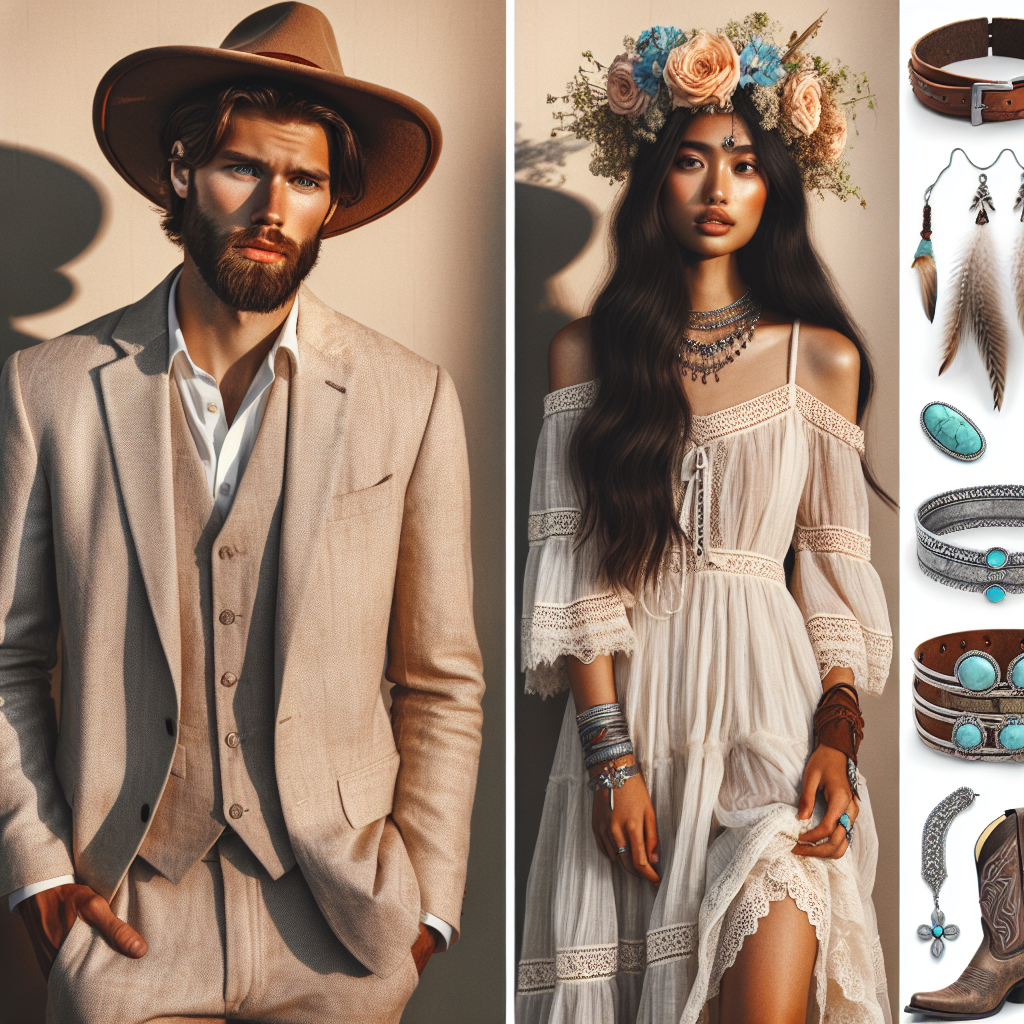 Create a collage showcasing must-have fashion looks for a Nashville-style wedding. Highlight laid-back yet chic attire. In the first frame, show a dapper male in a light linen suit, a felt cowboy hat, and brown leather boots. He is Caucasian with a beard. In the second frame, display a South Asian woman wearing a flowy Boho-inspired dress, adorned with delicate lace details and a flower crown. Lastly, show mixed accessories such as leather cuff bracelets, turquoise jewelry, and weathered cowboy boots.