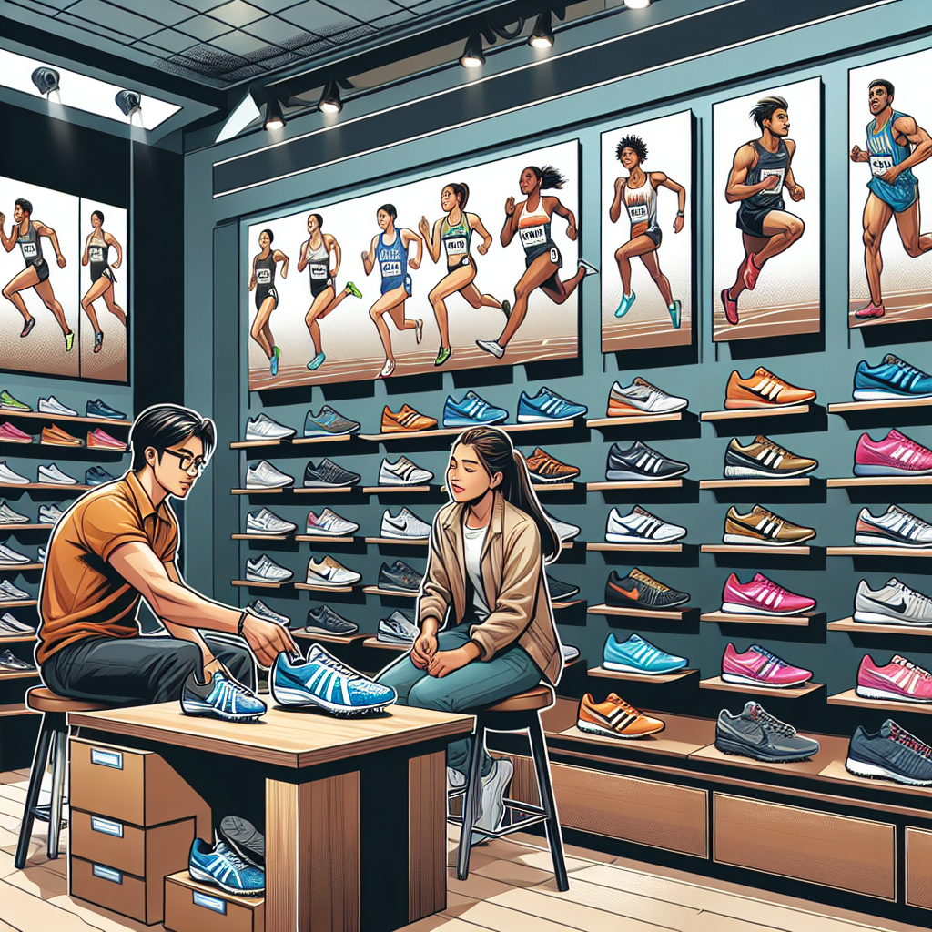 Stunning Choices: Best Shoes for the Track Illustrate a detailed scene of an athletic store's shoe section that primarily specializes in track and field footwear. It's complete with various types of well-designed shoes displayed prominently on shelves for customers. There are spiked shoes for sprinting, distance models for long runs, and trail options for off-road paths. Also, an athletic South Asian male professional advisor is helping a Middle-Eastern female customer select an appropriate pair considering her requirements and preferences. The shop has a fitting area where the customers try on shoes for size comfort, and the walls are adorned with posters showing athletes of different descents in action on the track.
