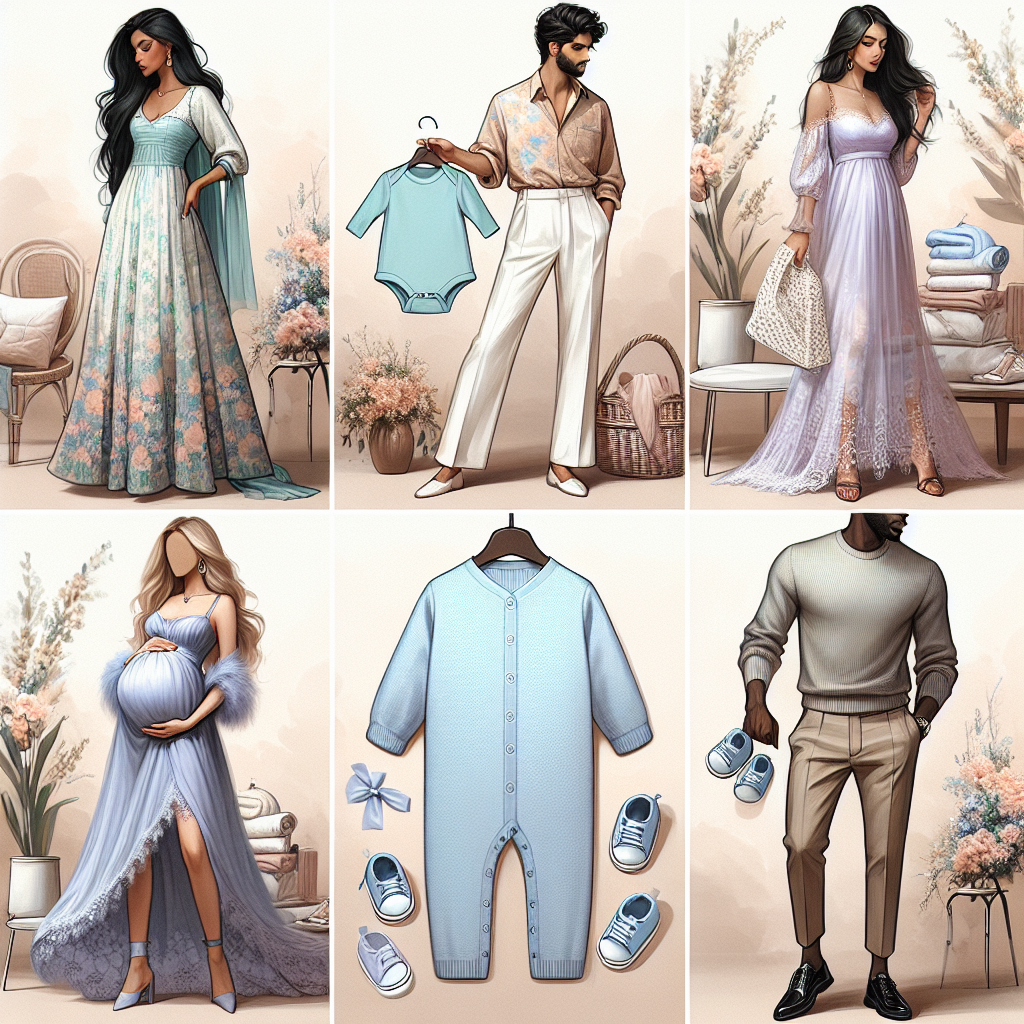 Imagine a plethora of stunning baby shower outfits suitable for the month of March. Firstly, visualize a South Asian woman in a pastel-hued floral kurta teamed with white palazzo pants, radiating the freshness of spring. Then, conjure up an image of a handsome Middle-Eastern man in khaki chinos and a light blue cotton shirt, carrying an aquamarine baby onesie. Further, envision a Caucasian woman donned in a lavender maxi dress with delicate lace detailing, holding a pair of tiny booties. Lastly, picture a Black man in a classy grey sweater and black jeans with a pile of soft, pastel-toned baby clothes in his arms.