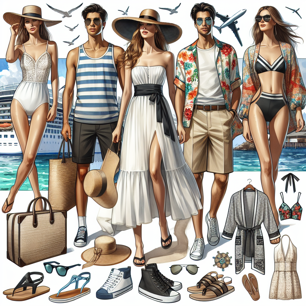 A fashion collage showcasing several must-have outfits for a cruise. The array should include clothing and accessories suitable for various on-board activities and excursions&mdash;prominently, a white, nautical-inspired sundress for a Caucasian woman, a colorful floral shirt paired with khaki shorts for a Hispanic man, a sleek black swimsuit for a Middle-Eastern woman, and a patterned beach robe for a South Asian man. Different styles of hats, sunglasses, and sandals suitable for warm weather should be included. Also, illustrate the cruise ship setting as a background to give context.