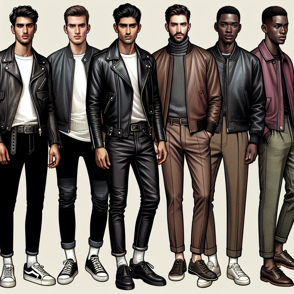 Create a detailed image of a trendy street scene where diverse group of men are showcasing different styles of leather jackets. Include a man in his 30s of Middle-Eastern descent wearing a black biker leather jacket paired with a white crew neck t-shirt, black skinny jeans, and white sneakers. Display a South Asian man in his late 20s wearing a brown bomber leather jacket paired with dark blue jeans, a grey turtleneck sweater, and brown suede boots. Lastly, portray a black man in his mid-40s wearing a classic style leather jacket in deep burgundy, paired with a black button-down shirt, khaki chinos, and black formal shoes.