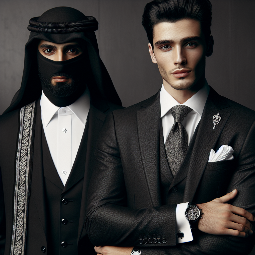 Visualize a scene in which two professional male figures of Middle-Eastern and Hispanic descent, respectively, are tastefully dressed in traditional funeral attire. One is sporting a black, perfectly tailored suit paired with a crisp, white shirt, black tie and gleaming cufflinks for a touch of sophistication. The other man is wearing a polished charcoal grey three-piece suit, white pocket square, and a subdued patterned tie, the perfect balance between elegant and respectful. Both are looking solemn, embodying the respectful ambiance of a funeral.
