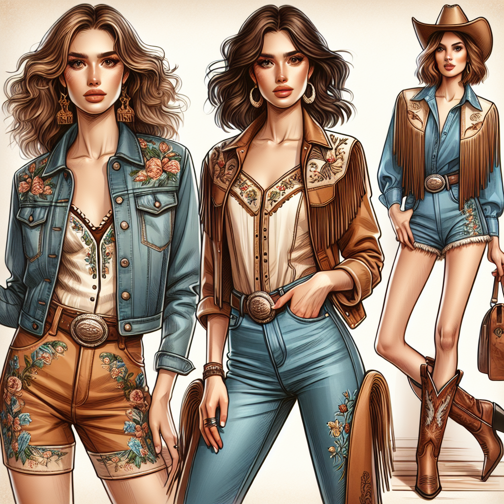 Create a visually-stunning image of a trendy style guide for rodeo girl outfits. Depiction should include a Caucasian woman with wavy hair, dressed in a finely embroidered denim jacket paired with matching boot-cut jeans. To complement the outfit, she has a cowgirl hat and brown leather cowboy boots. In the background, include a Hispanic woman styled with a fringed suede vest, denim shorts, and knee-high cowboy boots. Both women showcase individual style and confidence with flair. The image should be as vibrant as a rodeo night, capturing the essence of effortless charm and modern cowgirl fashion.