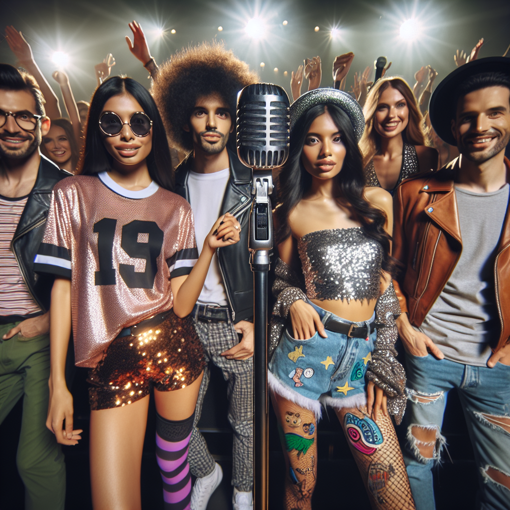 Stunning Outfits for Chappell Roan Concerts Picture a music concert scene at a mid-sized venue. Centre stage, there's a microphone stand glimmering under the stage lights. In the audience, diverse groups of people are seen: a Middle Eastern woman in a glittery jersey top and sequined shorts, a South Asian man donning a leather jacket and ripped jeans, a Caucasian woman wearing a statement tee paired with colorful leggings, and a Hispanic man in a fun fedora hat and vest. They're all excited and geared up with outfits perfect for a night of music and fun.
