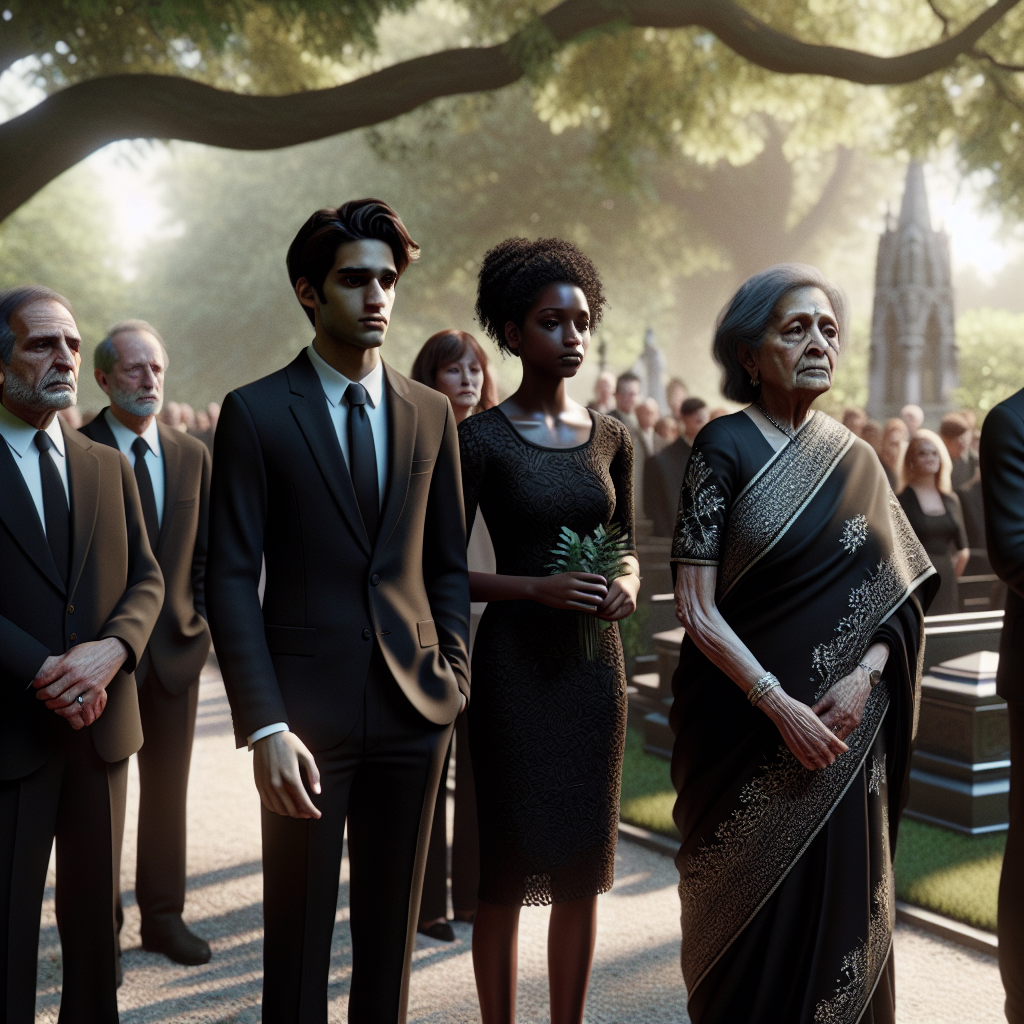 What to Wear to a Funeral: Dignified & Timeless Choices Imagine a highly detailed scene showing diverse people at a funeral. Focus on their outfits: a middle-aged Middle-Eastern man wearing a classic dark suit with tie; a young Black woman dressed in a tasteful black dress with a simple necklace; a South Asian elderly woman in a formal, black saree embroided with delicate silver threads; a Caucasian teenage boy in a button-down black shirt and dark trousers. The setting is a tranquil, outdoor cemetery with trees overhead casting dappled shadows on the mourners.