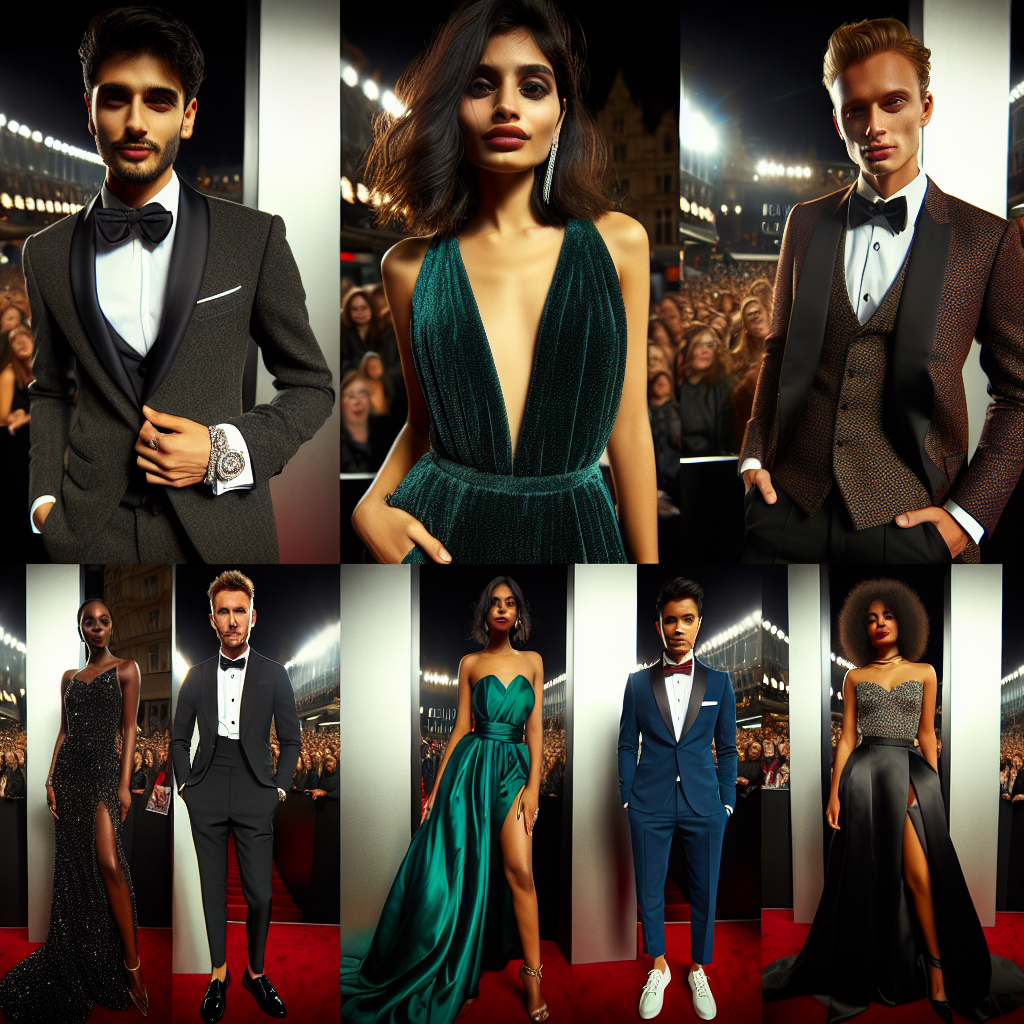 Envision a star-studded movie premiere night. A diverse group of individuals proudly displaying their stunning outfits. A Middle Eastern man, dressed in a dapper, tailored tuxedo, a glimmering diamond cuff-link catching the camera lights. A South Asian woman, showcasing a dazzling, emerald green gown flowing gracefully with every step she takes. A black woman, capturing attention with her vibrant, ruby red jumpsuit, contrasting with her golden accessories. An East Asian man, wearing a sharp, monochrome suit paired with onyx and white deck shoes. Finally, a Caucasian man displaying a mesmerising, ultramarine blue velvet tuxedo, accompanied by a stunning bow tie.