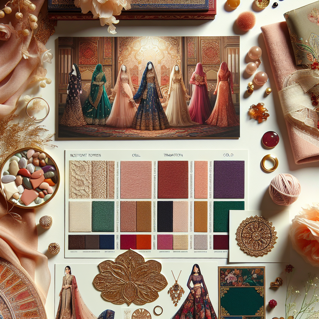 With radiant textures and gentle lighting, create an inspirational mood board showcasing a selection of 'must-wear' colors for a stunning wedding look. The board should include elegant swatches of soft pastel shades like blushes and creams, tradition-rich hues like crimson and gold, deep and romantic colors like burgundy and navy blue, and vibrant colors like emerald green. Also include illustrations of accessories and clothing samples in these colors. Remember, the aim is to highlight the variety of shades that can elevate an individual's style, embrace cultural diversity, and capture the magic of nuptial celebrations.