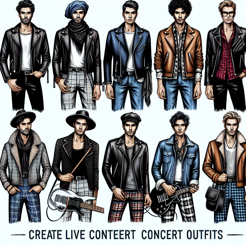 Create an image that showcases several trendy and stunning men's concert outfits ideal for a live music event by a popular contemporary alternative rock band. These should include a range of styles such as casual, chic, rocker, and indie. Think uniquely textured jackets, artistic prints, and sleek accessories like scarves and hats. Please depict men of different descents including Middle-Eastern, Hispanic, South-Asian, and Caucasian to showcase diversity.