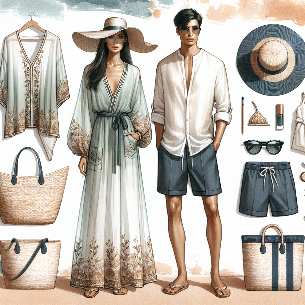 Compose an image showcasing a collection of must-have outfits ideal for St. Tropez Beach Clubs. At the center, place a female figure of Asian descent, wearing a chic, light mint green kaftan with gold embroidery. Adjacent to her, portray a male figure of Hispanic descent, sporting a white linen shirt with rolled up sleeves, paired with navy blue swim shorts. To the side, depict a selection of essential accessories, such as a woven straw beach bag, oversized sunglasses, and a large brim straw hat. The background should be abstract, suggesting the luxurious vibe of St. Tropez beach clubs, with a hint of the coastal ambiance.
