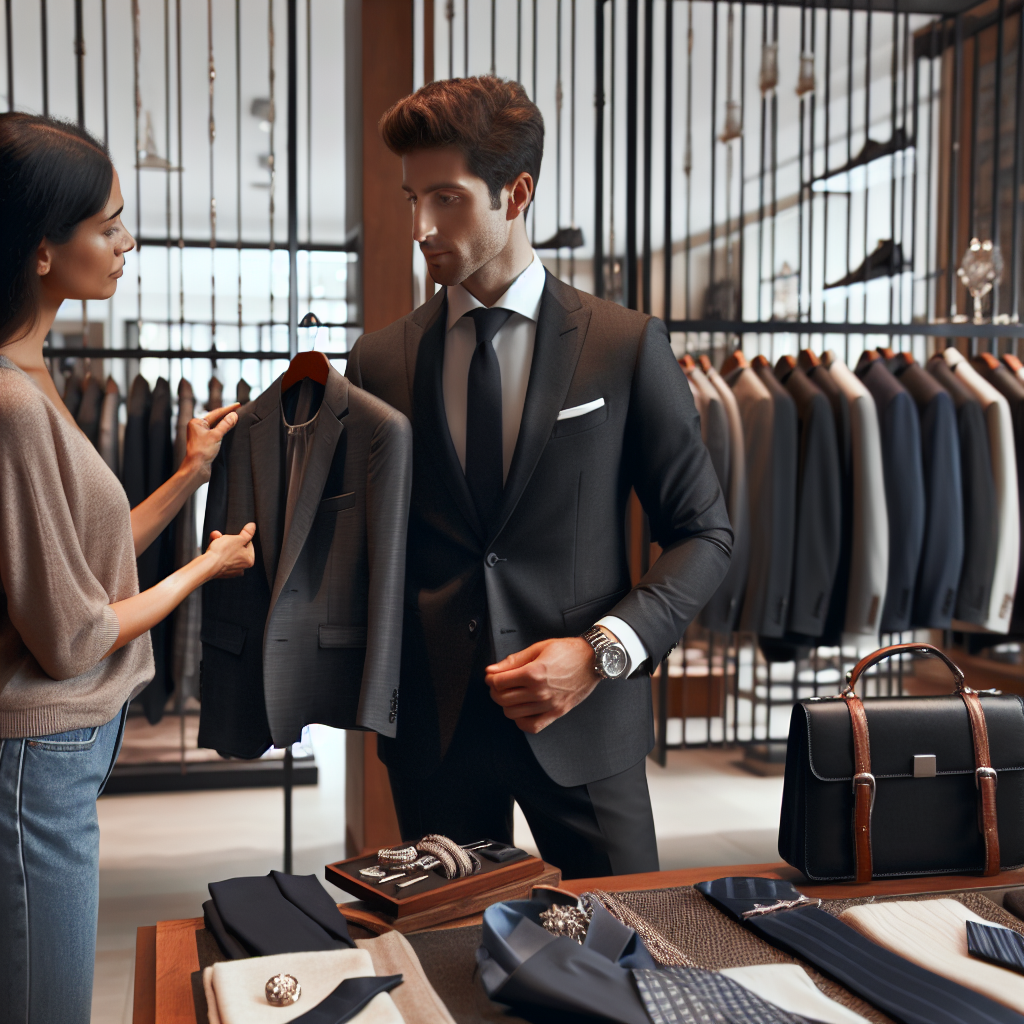 Visualize a detailed scene set in a stylish, contemporary women's clothing store. In the forefront, a female store assistant of Hispanic descent is helping a Caucasian male customer in selecting the perfect attire for a deposition. He's holding up a charcoal grey, beautifully tailored suit with a crisp, white shirt. On another rack nearby, a variety of polished accessories are unpretentiously showcased - opulent silk ties, gleaming cuff links, and sophisticated leather briefcases. The atmosphere in the store exudes professionalism and attention to detail, reflecting the critical nature of dressing for a deposition.