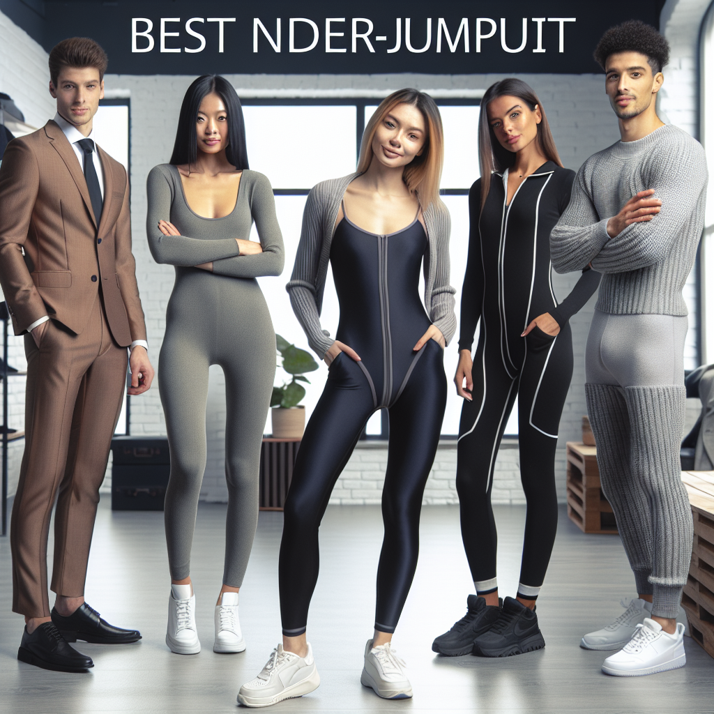 Must-Have Tips: Best Under-Jumpsuit Styles Imagine several professionally dressed individuals demonstrating an array of best under-jumpsuit styles. In the forefront, there is a petite East Asian female in a trending, form-fitting under-jumpsuit. Next to her, a tall Black male is showcasing a sleek, thermal style under-jumpsuit. In the background, a plus-sized Caucasian female and a Middle-Eastern male are both rocking cozy, casual athleisure styles. Each style underlines the functionality, comfort, and fashion-forward designs that make for the best under-jumpsuits. The atmosphere is fashionable and contemporary, highlighting the diversity of contemporary styling tips that are must-haves for any jumpsuit lover.