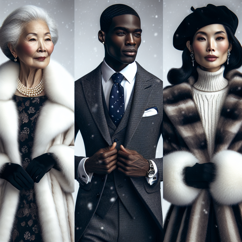 Create an image showcasing a collection of stunning winter graduation outfits. The scene should include three different individuals: a fashionable elderly Asian woman donning a glamorous faux-fur coat with a classic dress underneath, a confident Black man wearing a chic ensemble of a tailored winter suit with a matching scarf, and a smart Middle-Eastern transgender woman dressed in an elegant high-collared coat, styled with a trendy beret cap. The outfits should reflect sophistication and warmth, suitable for a winter graduation ceremony. Add a lightly snowy background to emphasize the winter theme.