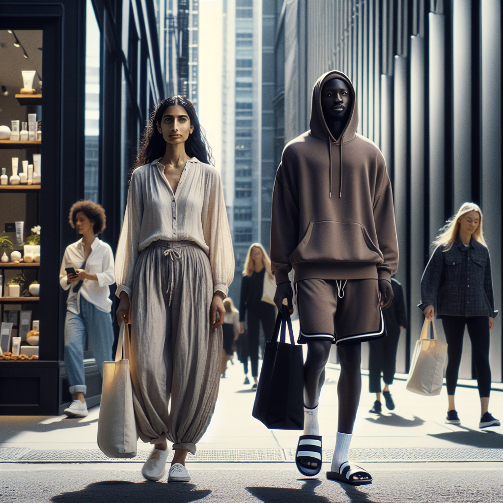 Imagine a busy city street on a sunny afternoon. Steel and glass buildings rise on either side, with boutiques and coffee shops at the base. Among the throng of people, focus on two individuals, a Middle Eastern woman dressed in comfortable, easy-to-remove clothes, such as loose pants and a simple blouse, and a Black man in a stylish, casual ensemble featuring a zip-up hoodie, basketball shorts, and sliders. Both carry tote bags with skincare products protruding from the top. They approach a contemporary spa with a sign reading 'Facial Treatments' in the window.