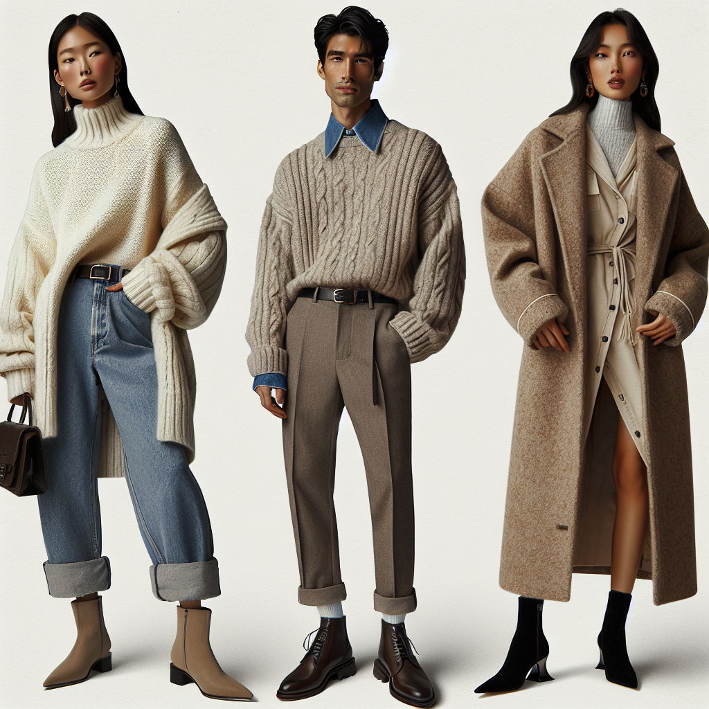 A fashion-forward collage of winter brunch outfits. On the left, an East Asian woman is rocking a cozy, oversized sweater with high-waisted jeans and ankle boots. To her right, a Hispanic man looks dapper in a smart-casual ensemble featuring a layered button-down shirt and sweater combination, finished off with chinos and loafers. In the centre, a South Asian woman is sporting a chic long coat over a midi dress with knee-high boots. The outfits should resonate with the effortless and must-have styles of the winter season.