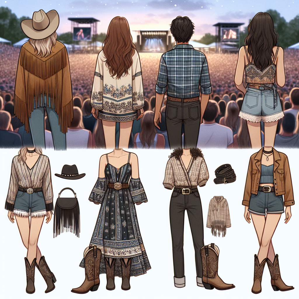 Imagine a set of stylish and attractive outfits designed for attending a country music concert. The first outfit is a bohemian-style for a young Caucasian woman, featuring a fringe suede jacket, a flowing patterned dress, and cowboy boots. The second outfit is casual for a Middle-Eastern man, sporting a flannel shirt, dark jeans, and work boots. The third outfit is fashion-forward for a Black woman, comprising of a high-waisted shorts, a statement belt, and a Danielle Bernstein top. A backdrop of a crowded open-air concert location under a twilight sky sets the festive atmosphere.