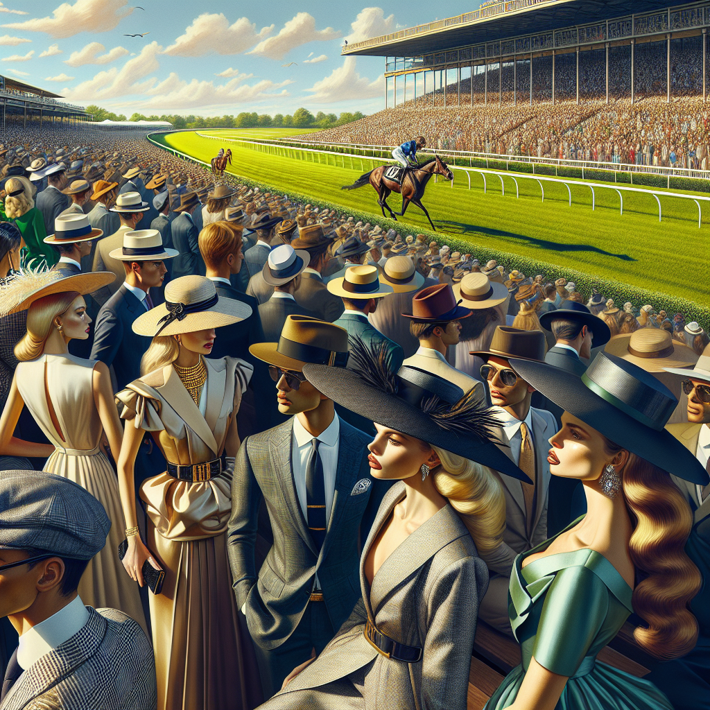 Must-Have Styles for Your Next Horse Race Event Visualize a vibrant scene at a horse race event. The setting is an open-entry racetrack bustling with eager spectators. Modelesque men and women of various descents and gender such as Caucasian, Hispanic, Middle-Eastern, and South Asian, are donned in elegant, high-fashion attire suitable for a day event. Women in stylish wide-brimmed hats adorned with feathers and men in tailored suits with matching pocket squares. The sky is a clear blue, indicating sunny weather. The lush green racetrack field is in the middle, a galloping horse could be seen basking under the golden sunlight. This image should capture the essence of a sophisticated, well-dressed, diverse crowd at a horse race event.