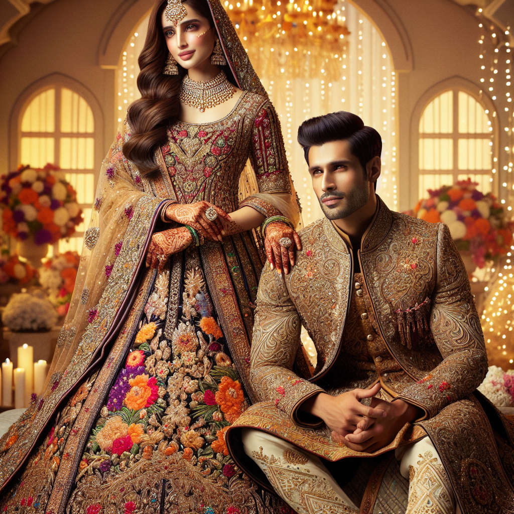 A radiant display of high-quality, traditional Pakistani wedding attire spotlighting the grandeur and elegance of the celebration. The image should feature a range of outfits showcasing the country's rich textile heritage. Two people, a South Asian man and woman, are the centerpieces. The woman's attire includes a beautifully embroidered lehenga in vibrant hues with intricate gold detailing, paired with matching jewelry. The man is dressed in a sherwani, adorned with delicate embroidery. They both carry the aura of excitement and joy typical of a wedding day. Background shows celebration decorations, enhancing the festive mood.