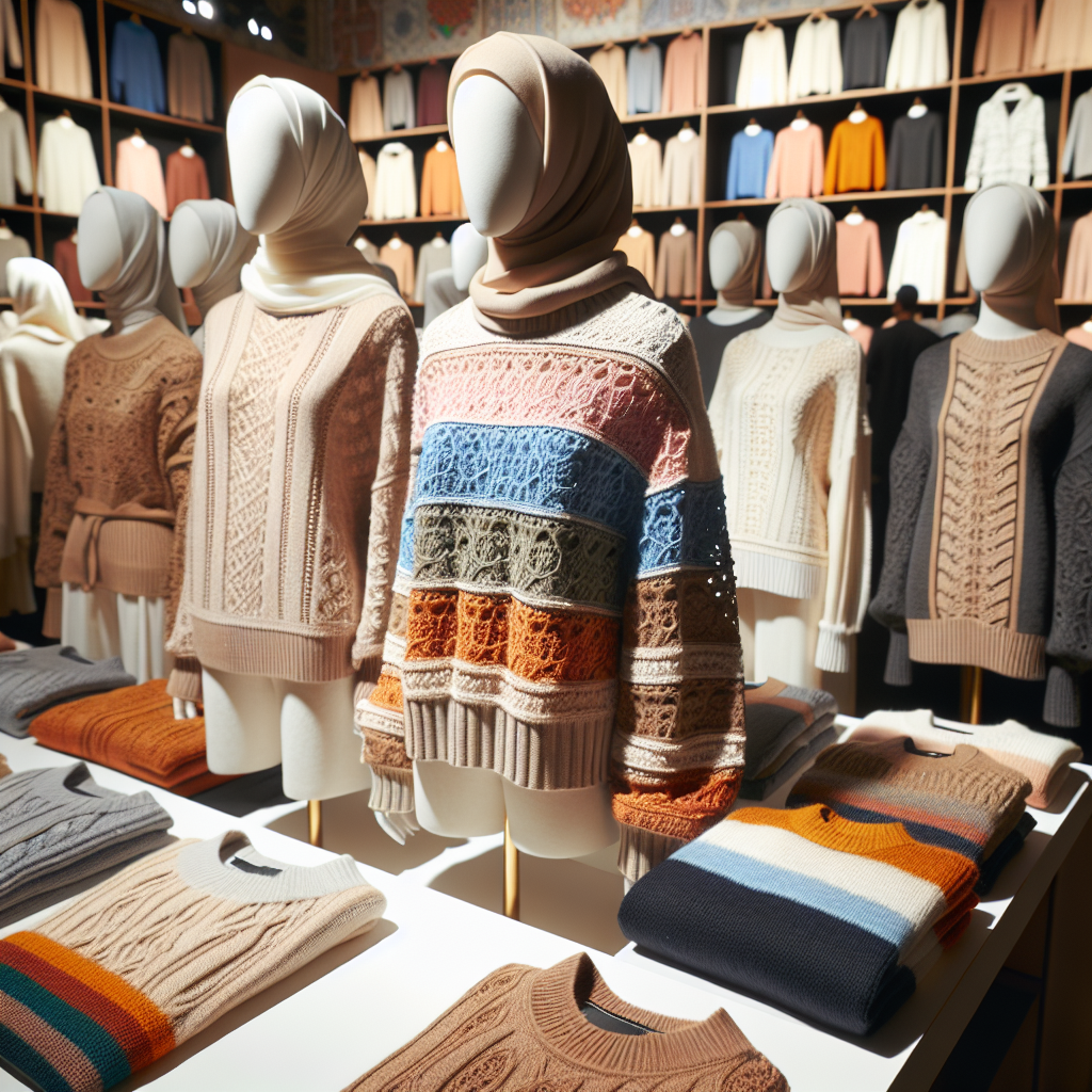 A wide variety of sweaters, ranging from light pullovers to chunky knits, displayed on mannequins. Focus on pieces that provide effortless style for Middle-Eastern women, emphasizing functionality and understated elegance. The sweaters should blend modern trends with traditional Saudi Arabian influences. Imagine intricate patterns and a color palette that includes warm earth tones, vibrant hues, and muted pastels. Different materials like cashmere, wool, and cotton should be featured. Each sweater's design should reflect thoughtfulness and the sartorial choices of contemporary Middle-Eastern women.