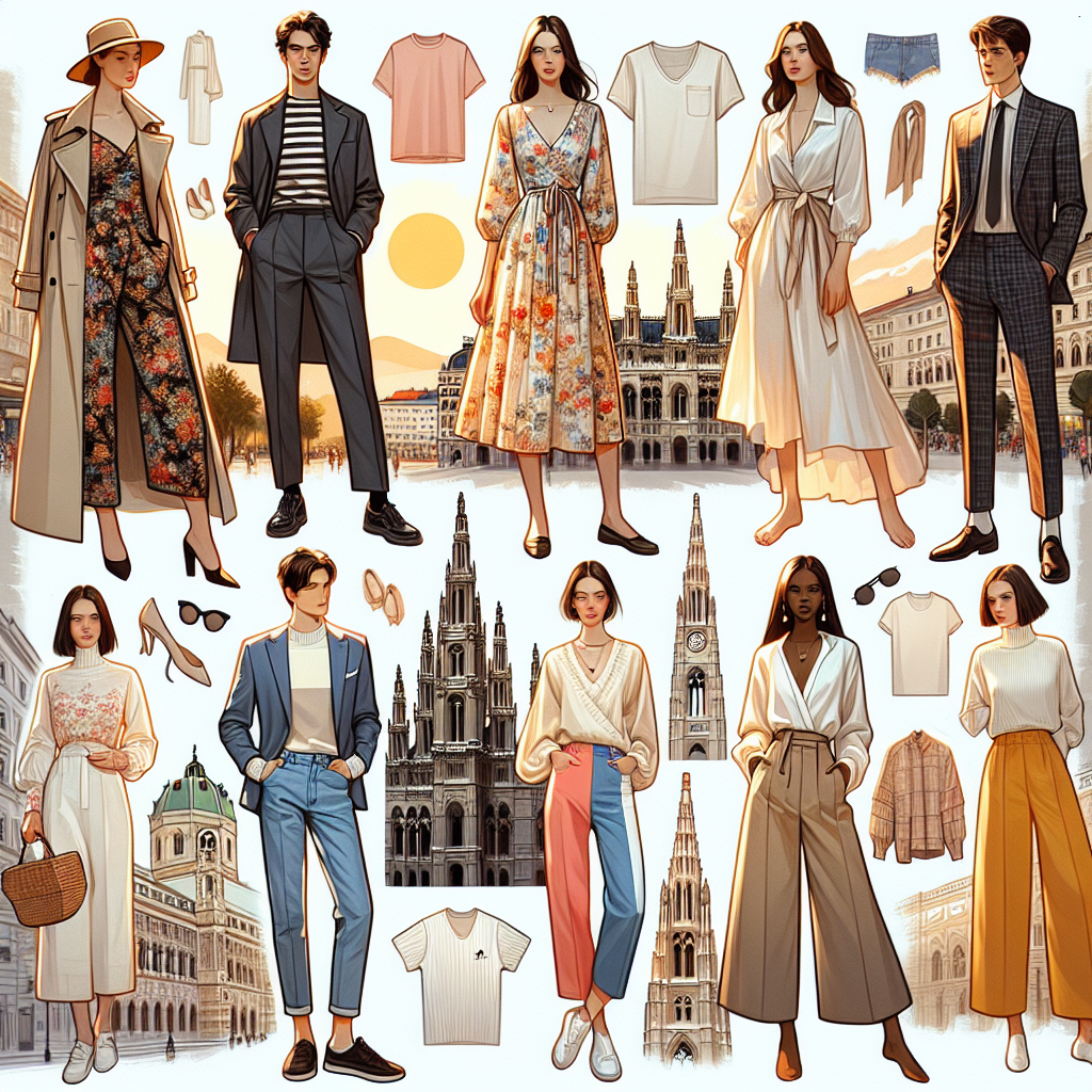 Must-Have Styles for a Week in Vienna in May Imagine a fashion collage highlighting must-have styles for a week-long visit to Vienna in the month of May. The collage includes seven primary outfits, one for each day. Outfit one is a stylish trench coat paired with a floral dress, worn by a Caucasian woman. Outfit two showcases a classic high-waist pair of jeans and a striped tee on a Black male model. Outfit three features an Asian girl wearing a lightweight cardigan with bright Capri pants. Outfit four is a comfortable sweater and skirt combo on a Middle-Eastern woman. Outfit five presents a Hispanic man in a simple yet elegant suit. Outfit six displays a South Asian woman showcasing a casual chic look with a white blouse and ankle trousers. The final outfit, outfit seven, is an evening gown worn by a White woman, perfect for a night at the Vienna State Opera. Add artistic accessories such as hats, sunglasses, scarves, and jewelry to each outfit for a complete look.