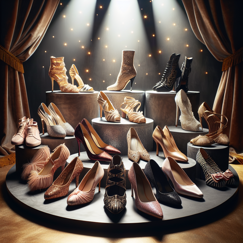 Imagine a wide variety of stylish and unique shoes perfect for a Broadway show. Picture everything from intricate glittering high-heels to satin ballet flats, all exuding elegance and showbiz glamour. They could be displayed on beautiful velvet pedestals under soft, flattering lighting. Each pair belong to talented individuals of different genders and descents, including African, Asian, Middle Eastern, Hispanic, and White performers. This image truly represents the elegant footwear essential for Broadway. The backdrop should subtly suggest a theater setting, with velvet curtains, theatrical lights or even playbills.