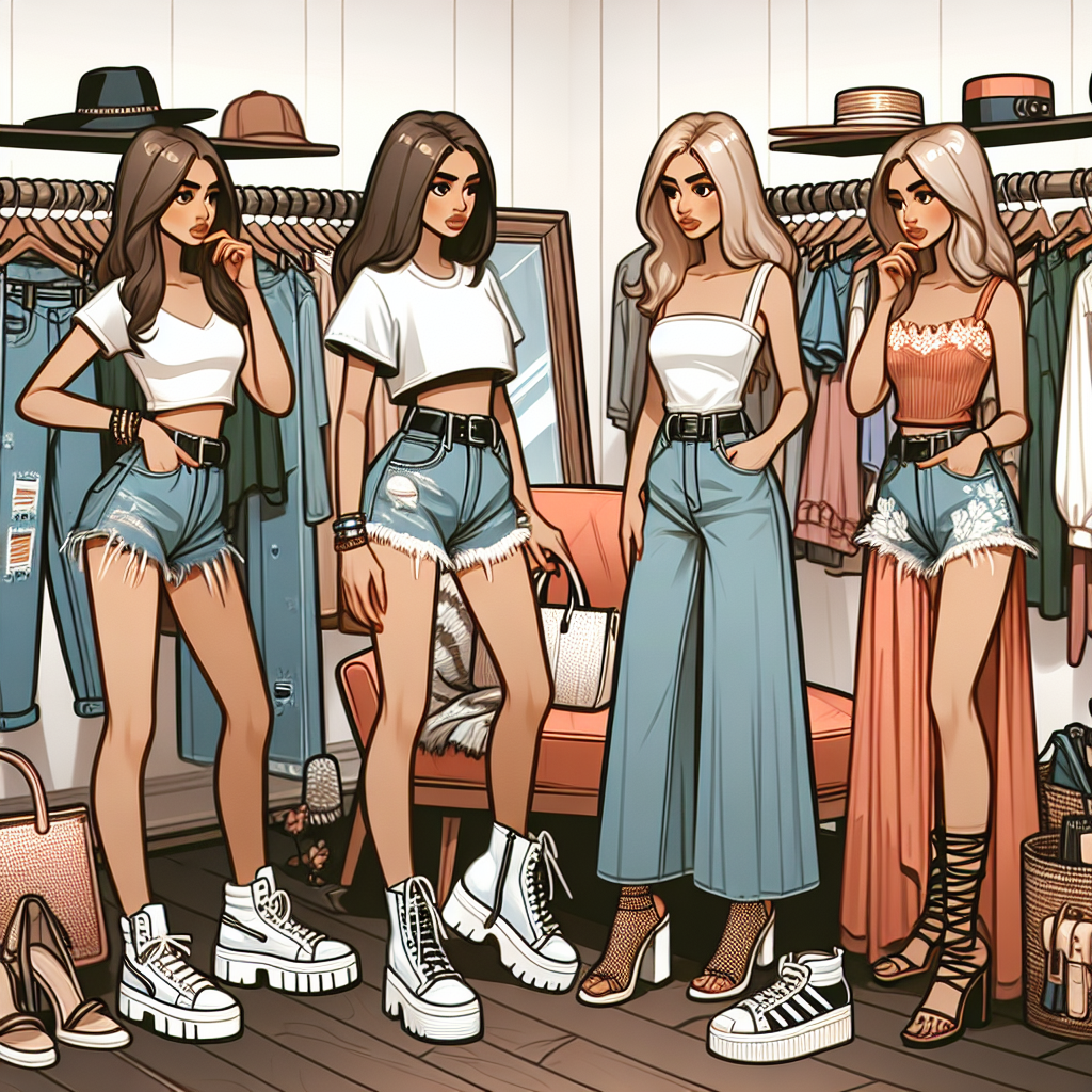Fashion scene set in a trendy boutique. Picture a variety of stylish outfits fit for different designt styles that pair well with a baby tee. First, imagine a young Hispanic woman trying on a baby tee with high-waisted jeans and chunky white sneakers. Adjacent, a Caucasian woman is considering a totally different style - a baby tee with a maxi skirt and gladiator sandals. Lastly, a South Asian man is fitting a baby tee with distressed denim shorts and flip-flops. Accessories like trendy handbags, hats, and sunglasses adorn the scene.