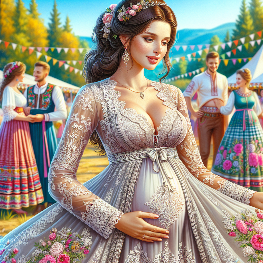 Stunning Maternity Styles for Polish Weddings Create a detailed image showcasing stunning maternity styles for traditional Polish weddings. The scene should depict a pregnant woman elegantly dressed in a beautifully designed, traditional Polish wedding dress with intricate lace and embroidery details. She stands in the middle of a vibrant and scenic outdoor location that is common for Polish weddings. She has a graceful presence with a touch of robustness and vitality typical of expecting women. The woman is seen engaging with guests, each of whom flaunts their own variations of traditional polish attire. Background elements hint at a joyous wedding celebration.