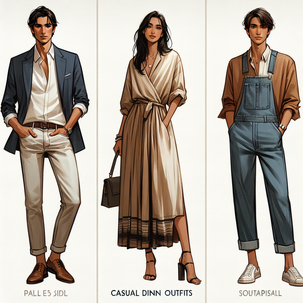 Stunning Casual Dinner Styles: Effortlessly Chic Imagine a series of casual dinner outfits, showcasing effortless chic styles. In the first scene, a male model of Hispanic descent is wearing a simple but well-tailored blazer, a crisp white shirt, and straight-fit jeans. In the next scene, a female model of South Asian descent is fashionably clad in an earth-toned maxi dress with minimal jewelry. Lastly, a Caucasian woman is seen in a denim jumpsuit paired with low heels. These models exude an air of understated sophistication and a relaxed vibe suitable for casual dinner scenarios.