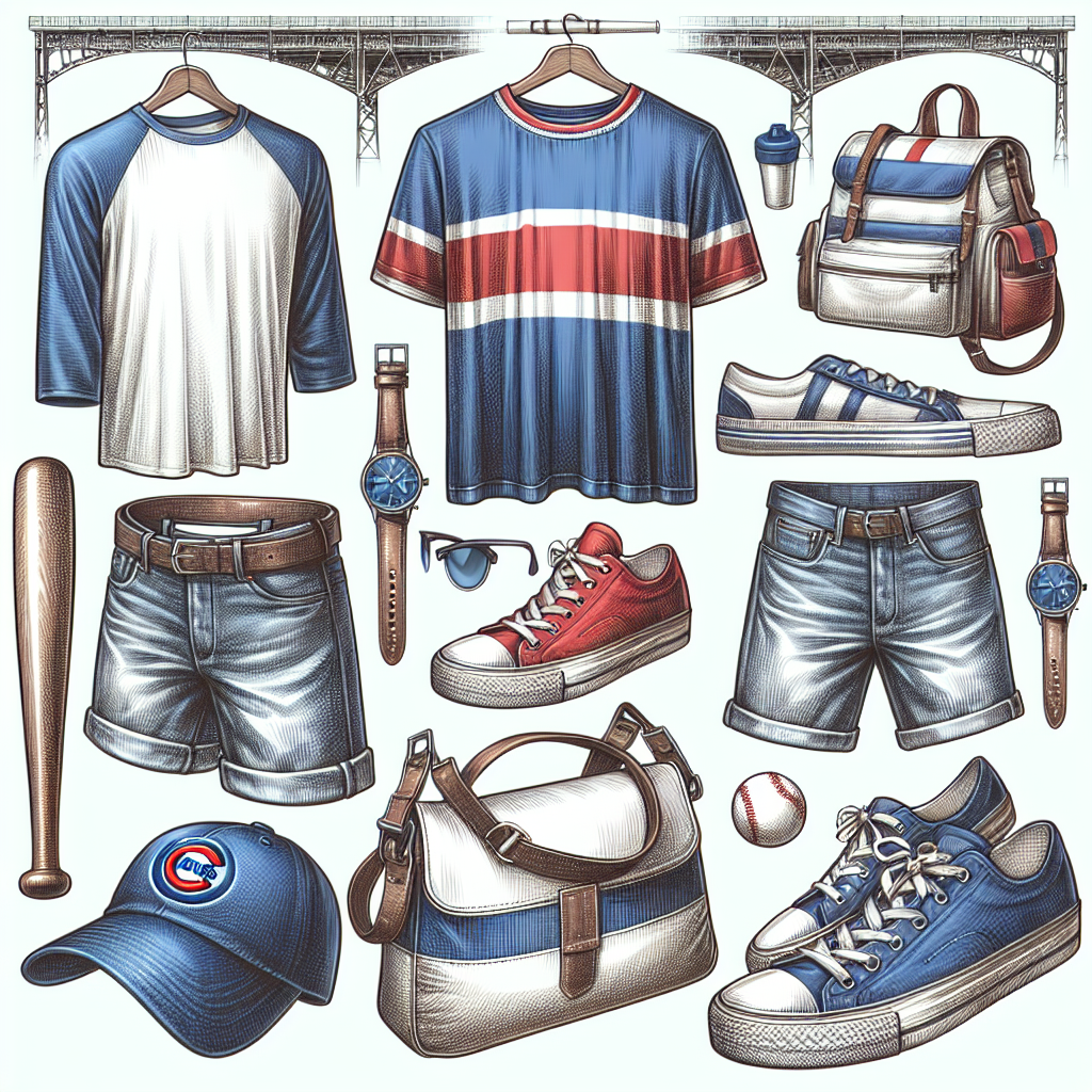 Create a detailed image showcasing a baseball-themed fashion concept suitable for a Cubs game. The image should include casual, effortless outfits perfect for a day at the ballpark. Consider including a variety of items such as a blue baseball cap, a red and white striped T-shirt, comfortable denim shorts, sporty sneakers and optional accessories like a sleek pair of sunglasses or a sturdy, fashionable sling bag. The portrayal should emphasize the excitement and sporty vibe of the game, leaving the viewer feeling inspired and ready for a day out at a sports event.