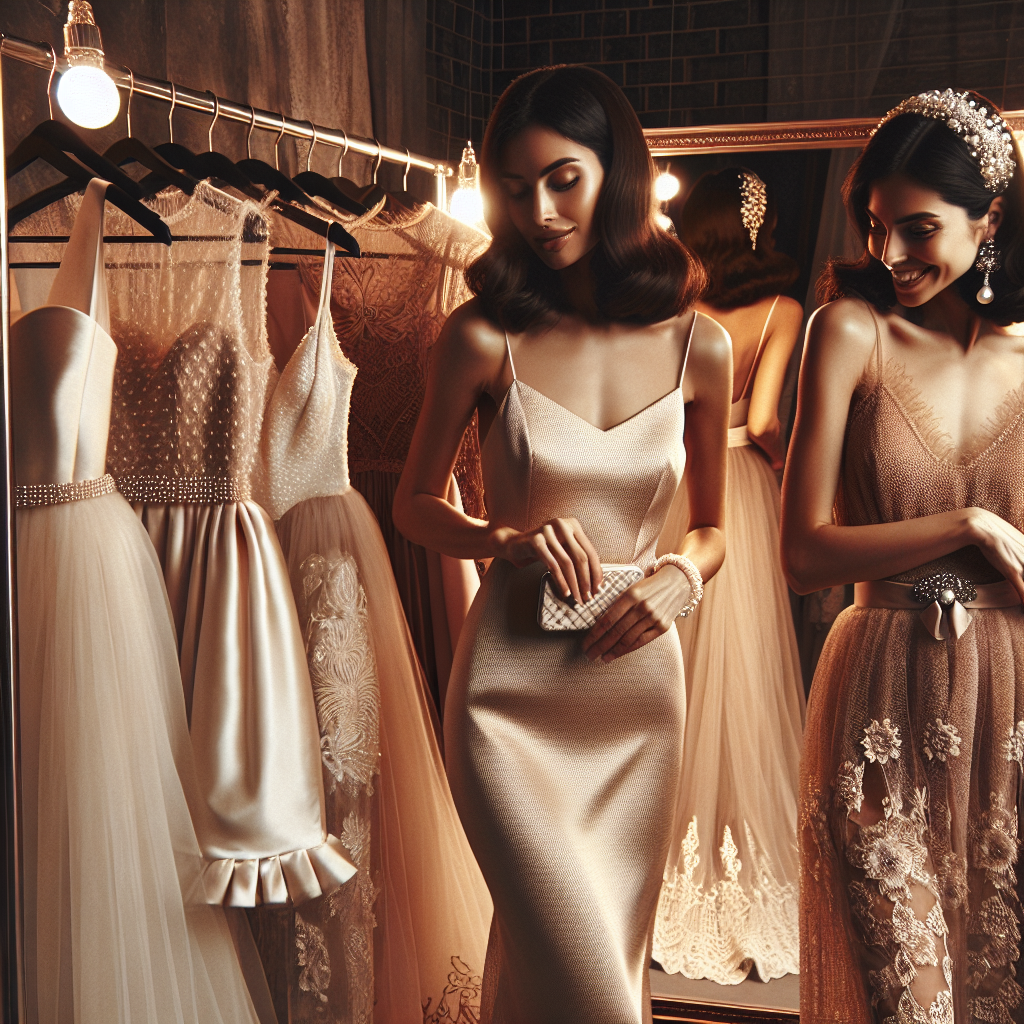 A sophisticated display of various bridal shower outfits exuding effortless elegance. The scene showcases two women of different descents trying on outfits. The first woman, of South Asian descent, is donning a classy silk dress with pearl accessories. The second woman, of Hispanic descent, is admiring a chic lace gown combined with a vintage rhinestone brooch. Their joy and anticipation fill the room, a mirror reflects their mesmerizing outfits under warm lighting, enhancing the textures of the garments. Surrounding them are clothing racks of various other whimsical and elegant bridal shower dresses waiting to be explored.