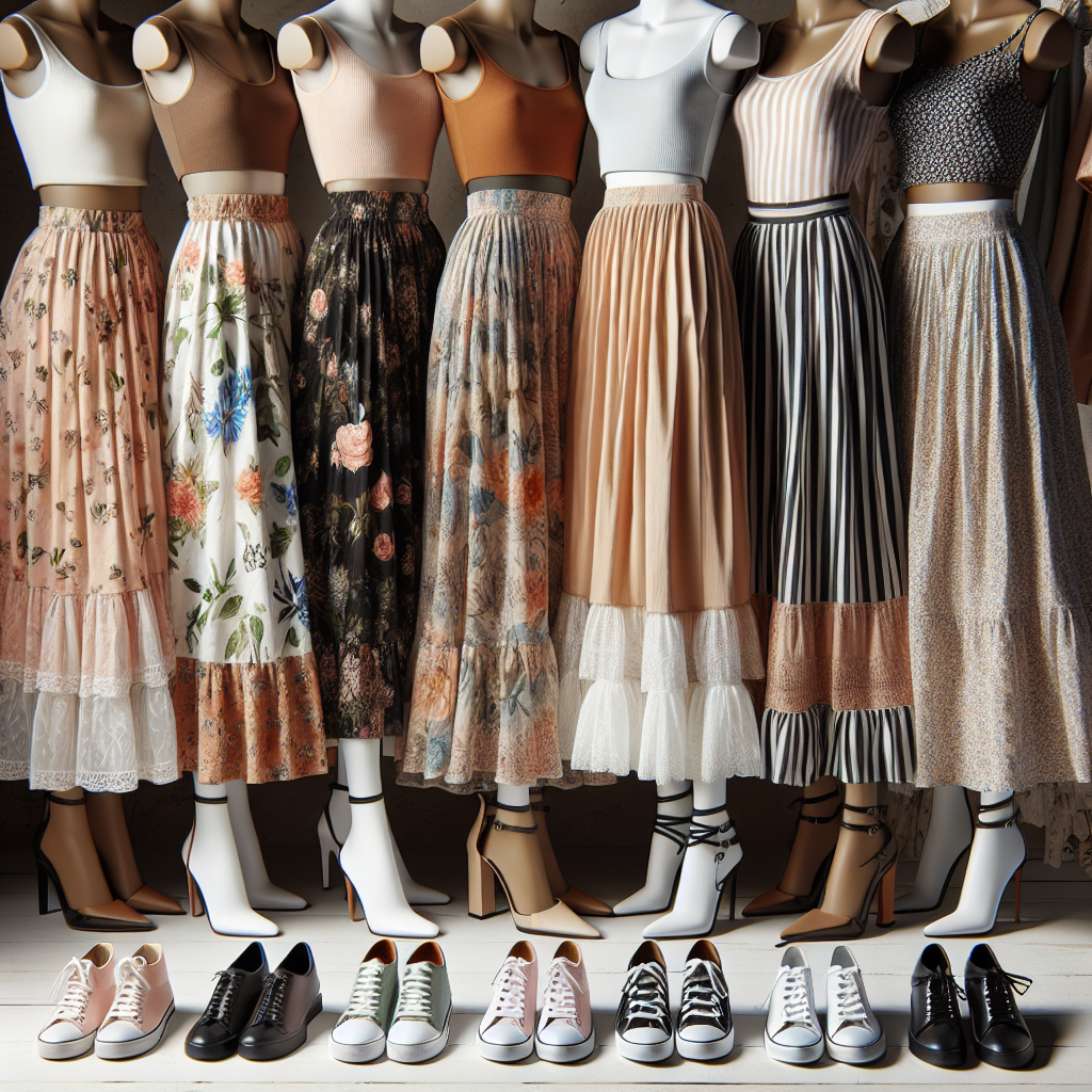 Maxi Skirt Pairings: Find Your Perfect Shoes! Picture an array of fashionable maxi skirts in a variety of prints and colors: floral patterns, solid pastels, chic black and white stripes. Around these skirts, imagine an assortment of shoes signifying the perfect pairings – from trendy white sneakers to classy kitten heels, casual flip-flops to elegant stilettos. Accentuate the image with a diverse mix of mannequin legs of different DESCENTS such as Hispanic, Caucasian, Asian, Middle Eastern, and Black, both male and female, modelling the skirts and shoes. The display is stylish, versatile and representative of individual personal styles.
