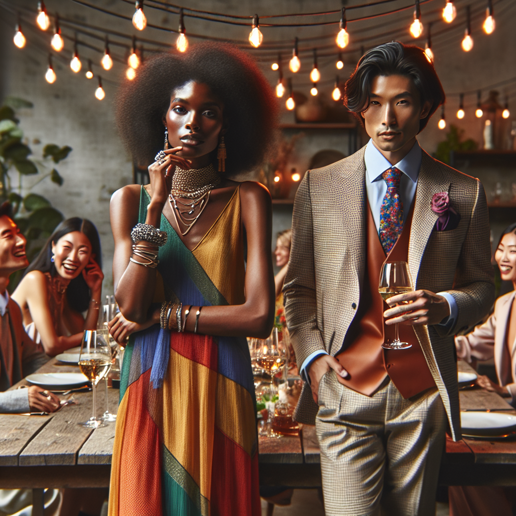 Visualize a stylish and sophisticated setting of a casual rehearsal dinner, where multiple people are dazzling with their stunning outfits. Focus on an African-American woman dressed in a chic maxi dress in vibrant colors, paired with chunky jewelry. Alongside her, feature an Asian man in a relaxed yet modern suit of neutral hues with a splash of an unexpectedly bold-colored tie. Incorporating the atmosphere, depict the casually crafted dining table, subtly glowing warm string lights overhead, and guests enjoying their time with laughter echoing in the space.
