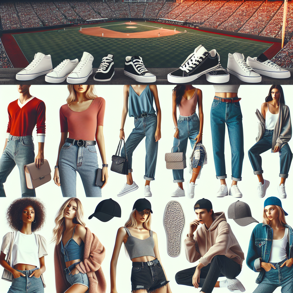 A variety of stunning casual outfits for attending baseball games. Capture a large crowd in the background of a big stadium. Include distinctly designed clothing items like baseball caps, trendy t-shirts, comfortable jeans, and sneakers suitable for both men and women. Ensure the depiction of people of various descents, such as Hispanic, Black, and Caucasian, with a mix of genders. Emphasize the intensity of the game in the background and the relaxed, stylish attire of the spectators, conveying an aura of effortless style.