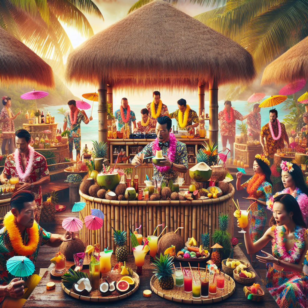 Visualize a vibrant tropical theme party bubbling with energy. The party features a centerpiece of a bamboo bar where a South Asian bartender is skillfully mixing exotic drinks in coconut shells. Colorful paper umbrellas adorning each cocktail adding an extra tropical flair. To the side, an array of sun-bleached wood tables are replete with fresh fruits and a decorative, pineapple-themed centerpiece. In the backdrop, a Middle Eastern DJ under a thatched-roof cabana is spinning some electrifying island music. The scene is ablaze with guests from different descents, both males and females, donning Hawaiian shirts, floral dresses, straw hats, and leis in all colors of the rainbow.