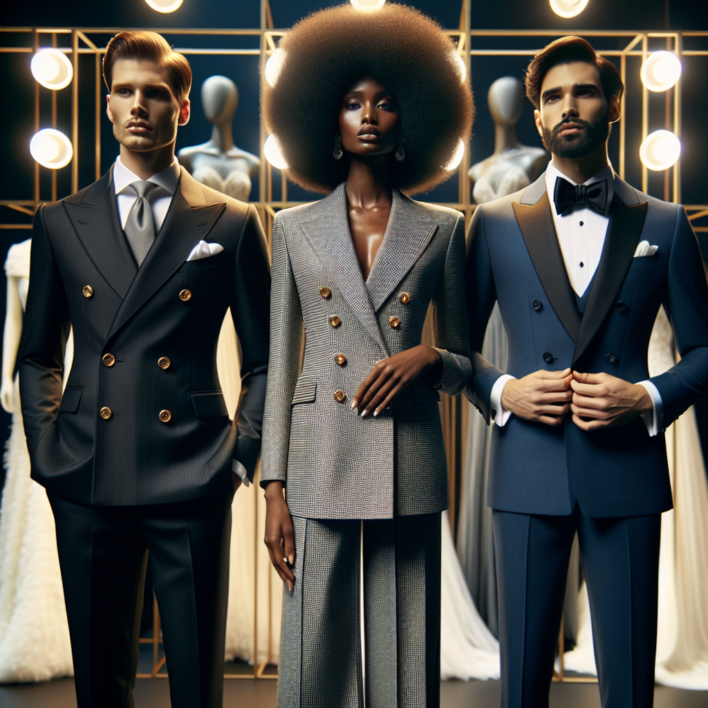 Stunning Wedding Suits - Effortlessly Tailored Choices Imagine an elegant fashion showcase. The moment focuses on three remarkable tailored wedding suits on display. The first is a sophisticated double-breasted suit worn by a slender Caucasian man with slicked-back hair. The second exhibit, a sharp three-piece suit, is worn by a curvy Black woman with an afro, adding an incomparable flair. The final piece of our trinity is a traditional tuxedo adorning a Middle-eastern man with a well-groomed beard. Together, they present a stunning blend of culture, style, and diversity, all under one exquisite fashion banner.