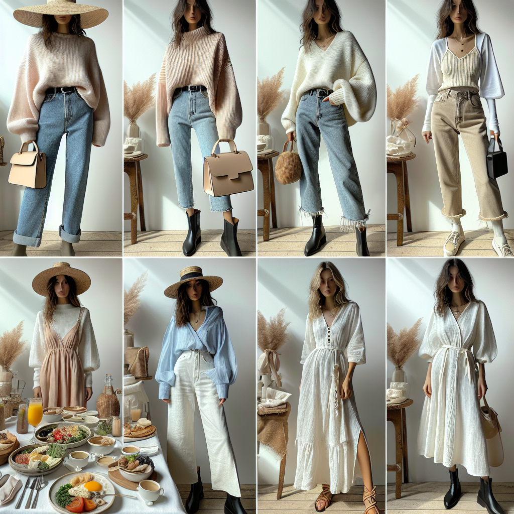 Effortless Outfits for Brunch: Style Your Best Look A well laid-out array of chic and effortless brunch outfits. Include a variety of styles such as a soft oversized pastel-colored sweater paired with high-waisted blue jeans, black ankle boots, and a beige handbag for a cozy classic look. Another ensemble could depict a breezy white linen dress, accessorized with a straw hat and knotted brown sandals for a boho-inspired look. Each outfit beautifully displayed against a soft-lit background that evokes a relaxed brunch ambiance with a bountiful table of brunch dishes and drinks. A stylish, flattering, and diverse fashion imagery with models of varying genders and descents showcasing the outfits.